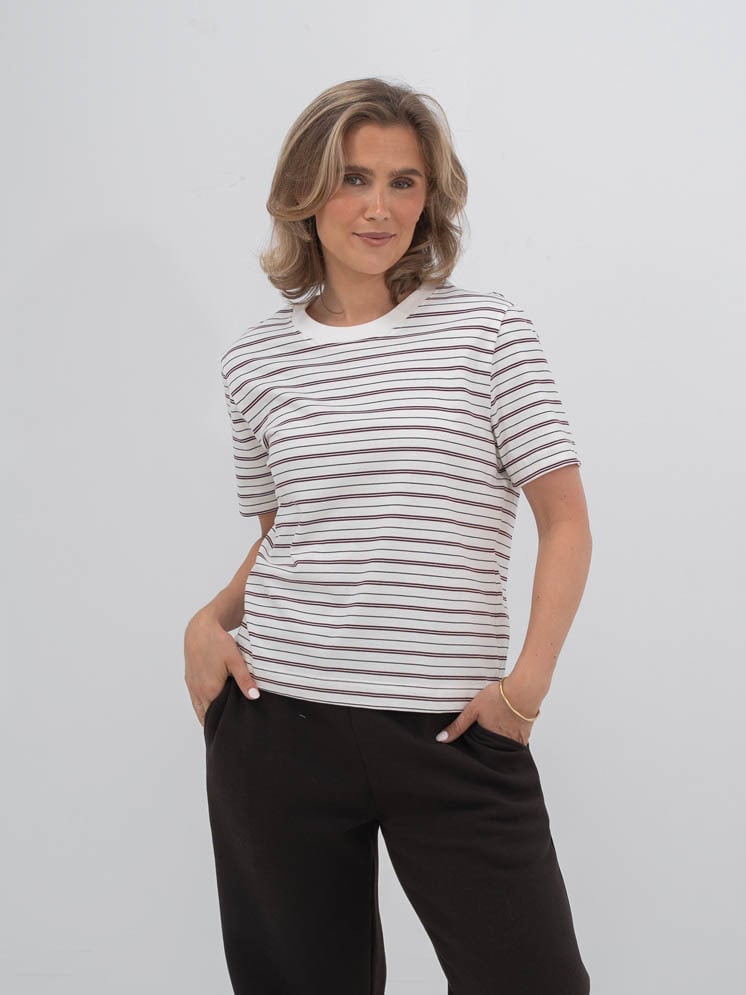 Selected Femme Essential Short Sleeve Striped Boxy Tee Tawny Port