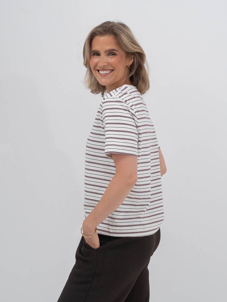 Selected Femme Essential Short Sleeve Striped Boxy Tee Tawny Port
