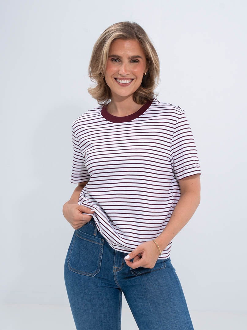 Selected Femme Essential Short Sleeve Striped Boxy Tee Tawny Port
