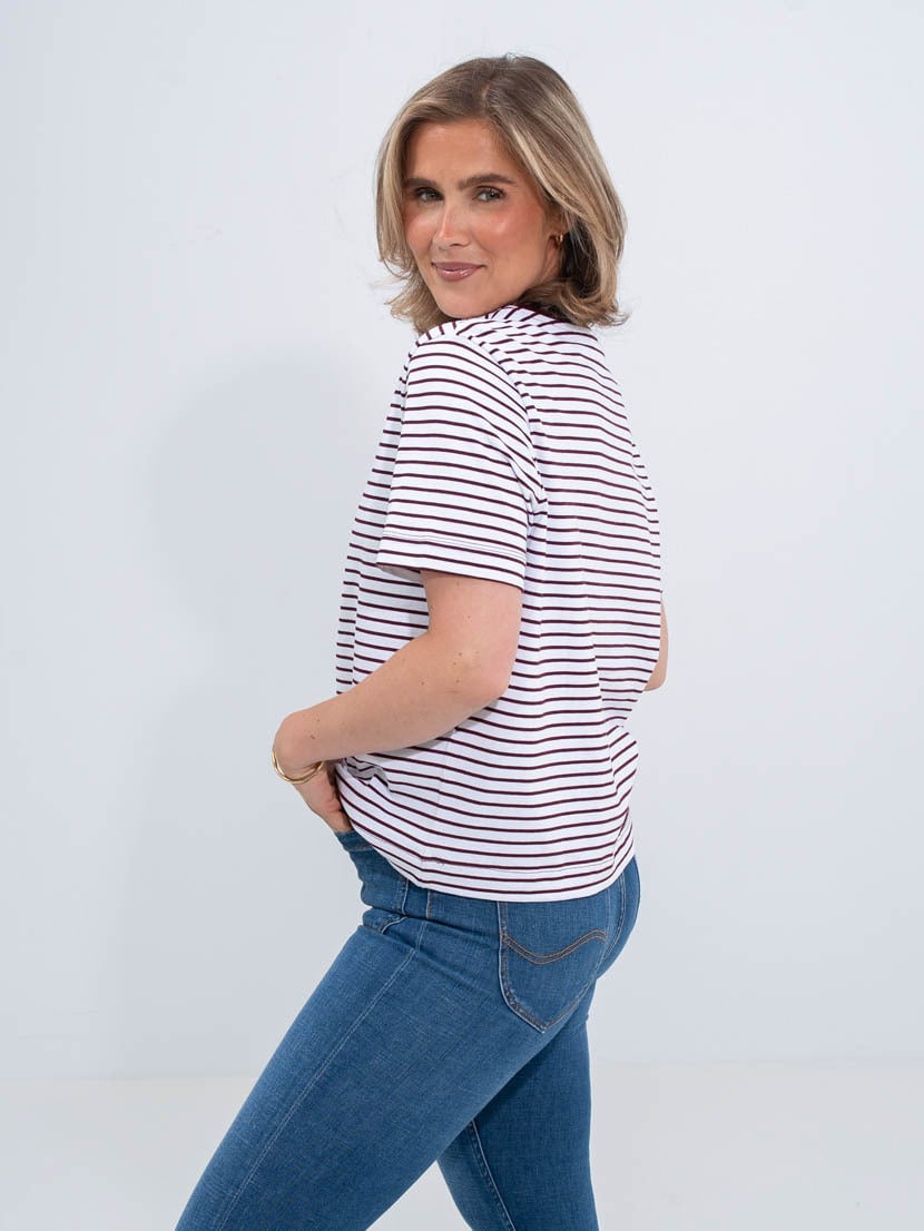 Selected Femme Essential Short Sleeve Striped Boxy Tee Tawny Port