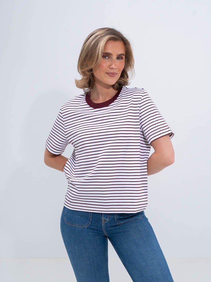 Selected Femme Essential Short Sleeve Striped Boxy Tee Tawny Port