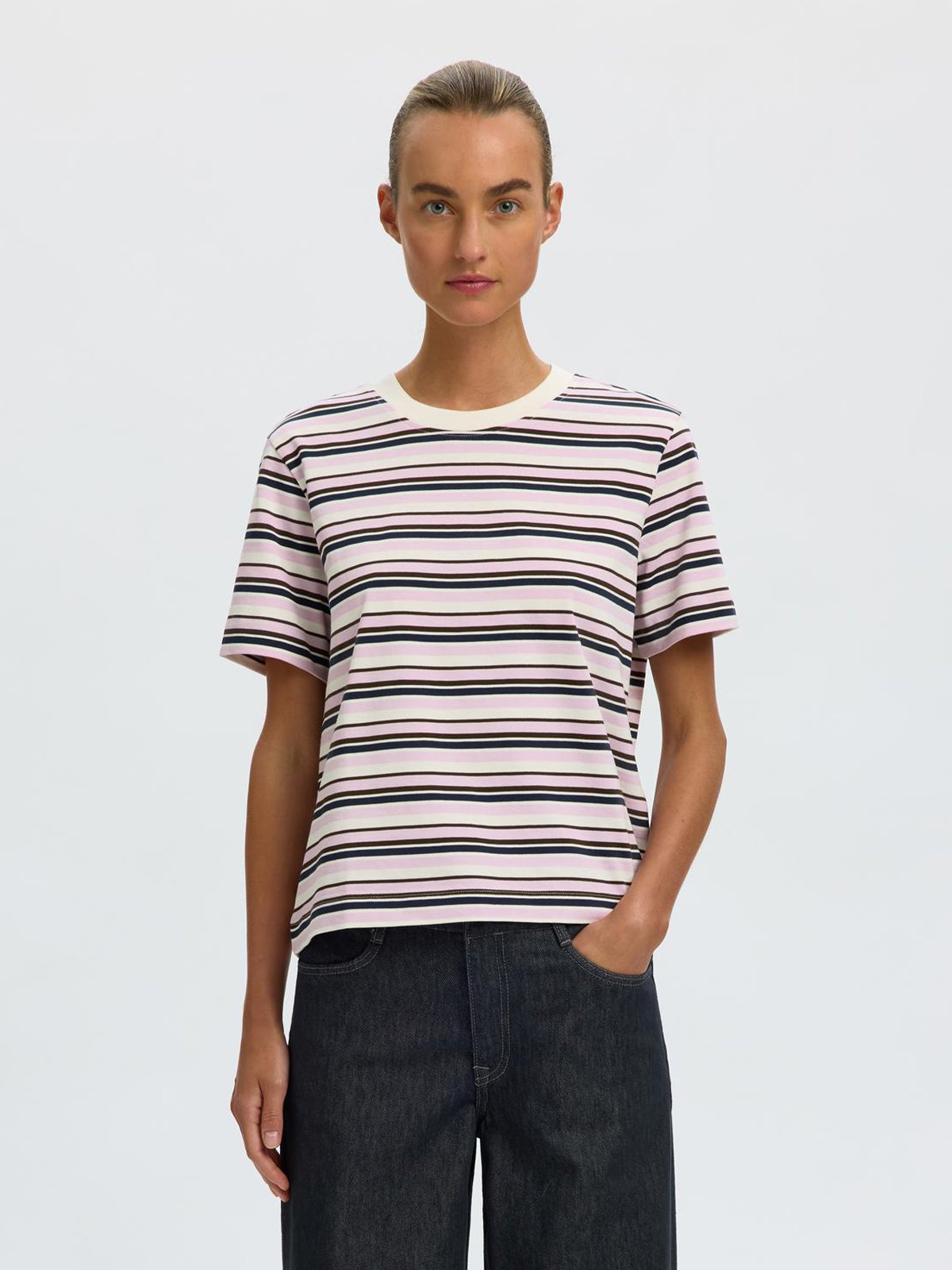 Selected Femme Essential Short Sleeve Striped Boxy Tee Rosa