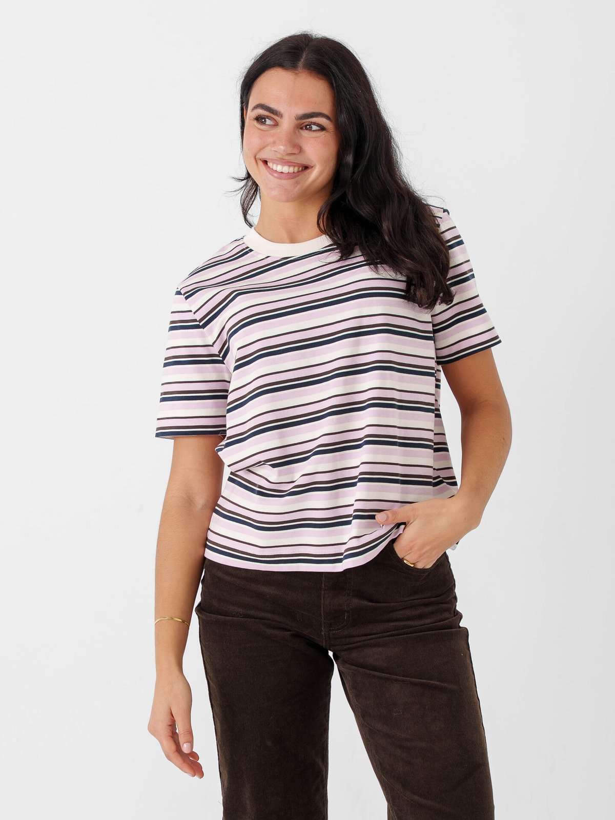 Selected Femme Essential Short Sleeve Striped Boxy Tee Rosa