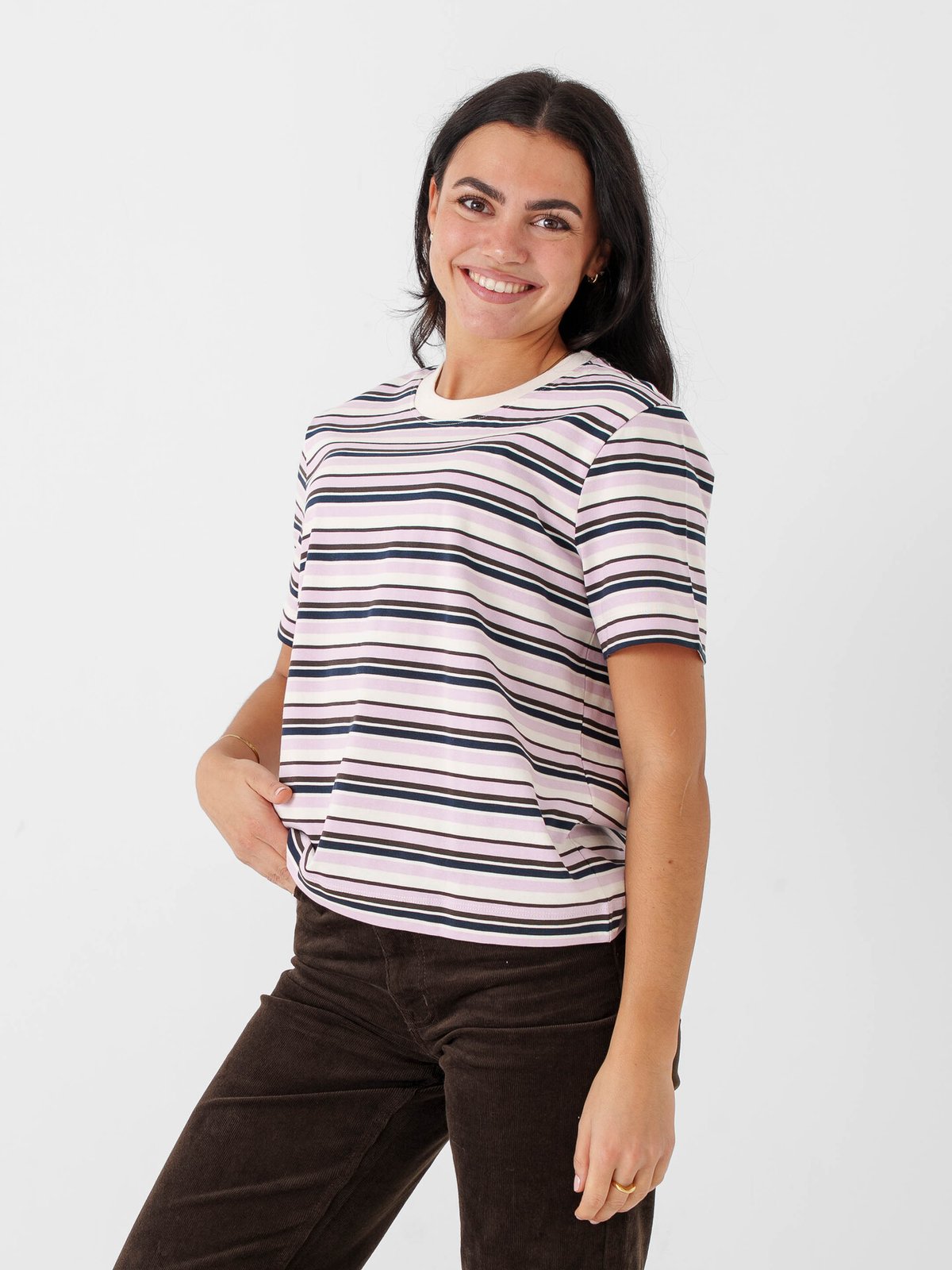 Selected Femme Essential Short Sleeve Striped Boxy Tee Rosa