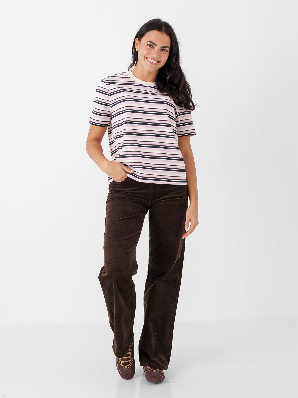 Selected Femme Essential Short Sleeve Striped Boxy Tee Rosa