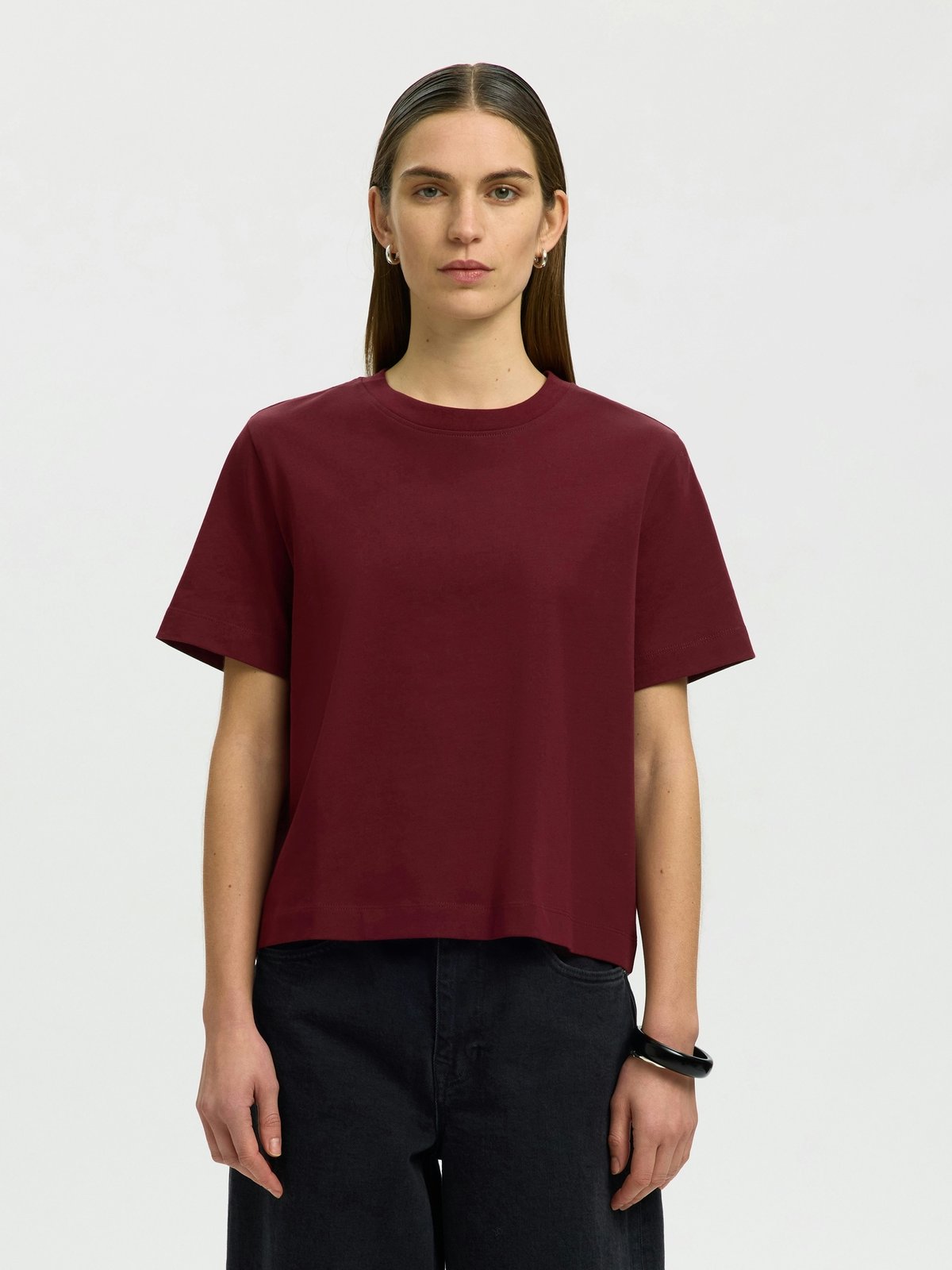 Selected Femme Essential Short Sleeve Boxy Tee Tawny Port