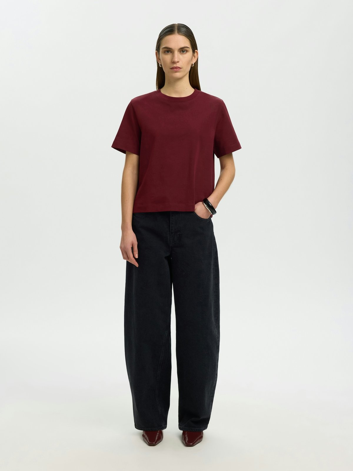 Selected Femme Essential Short Sleeve Boxy Tee Tawny Port