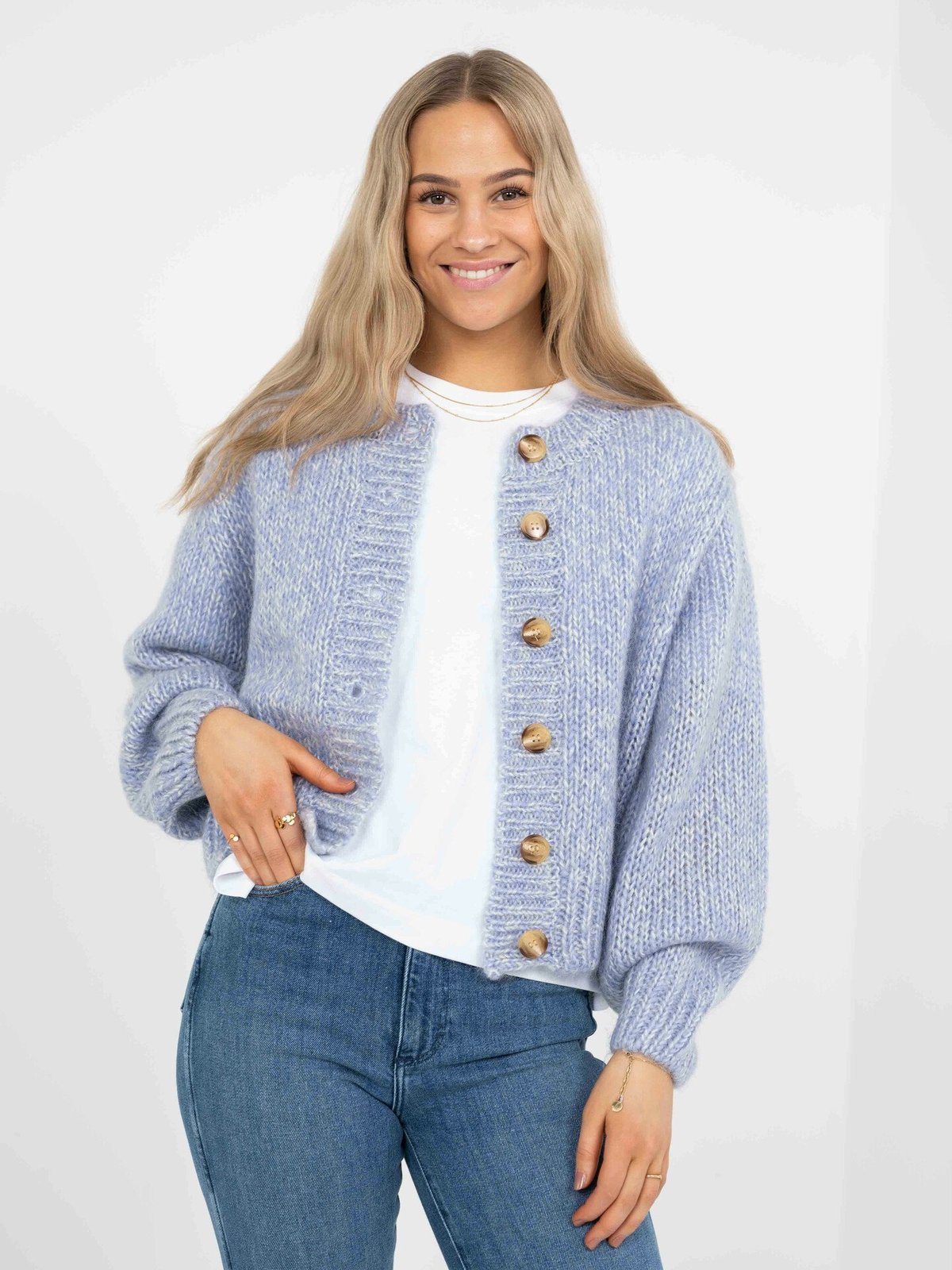 Selected Femme Suanne New Long Sleeve Knit Short Cardigan Blue Heron