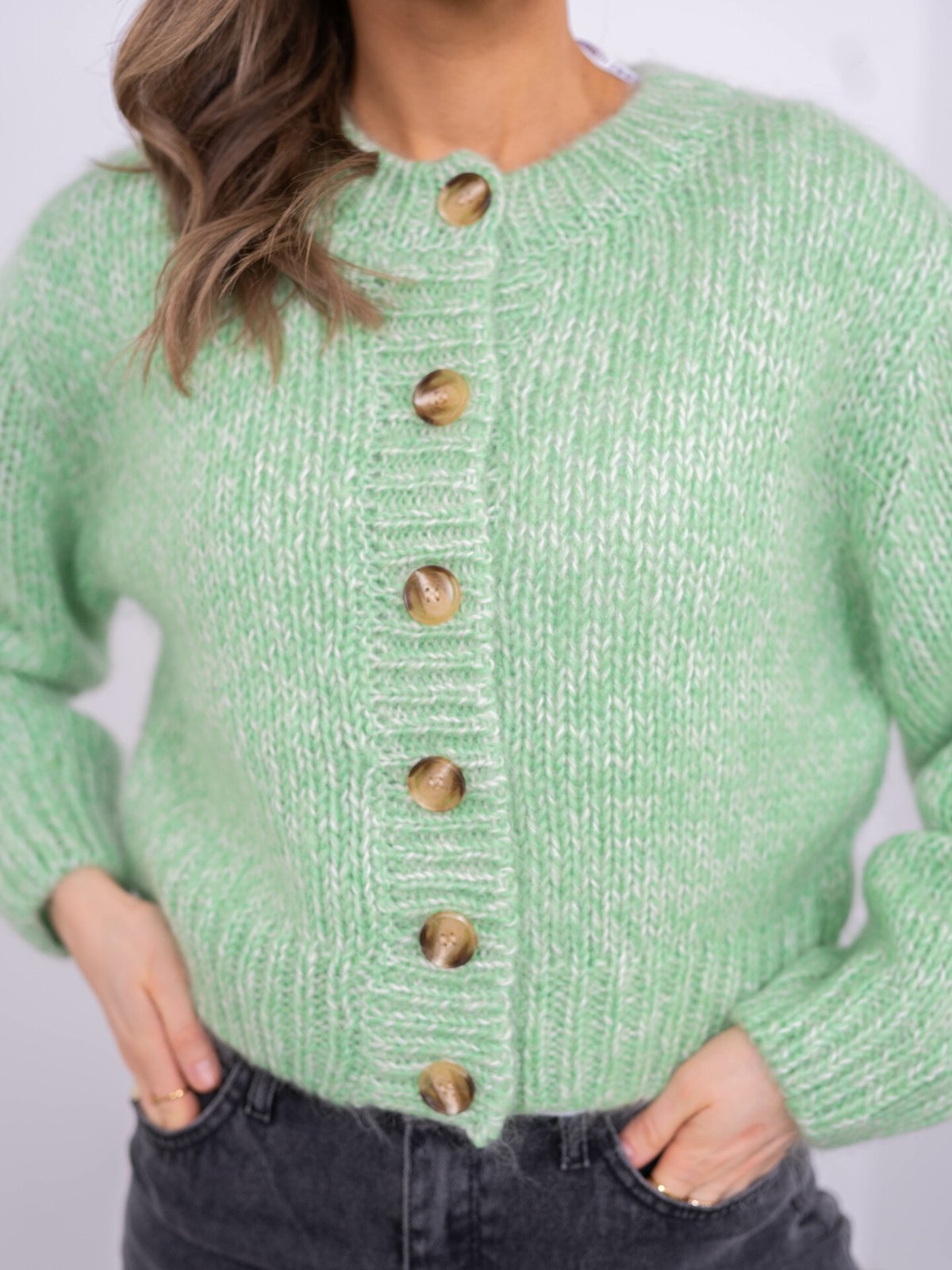 Selected Femme Suanne New Long Sleeve Knit Short Cardigan Absinthe Green with Birch