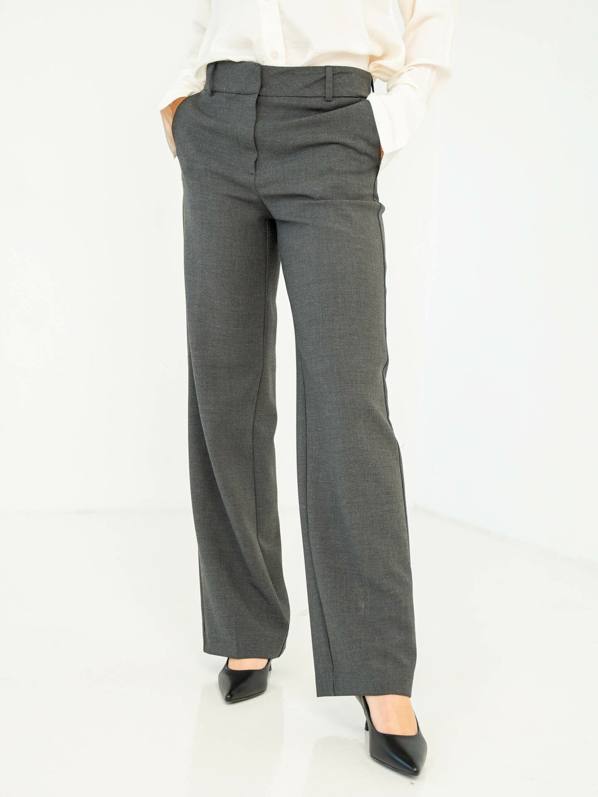 Selected Femme Rita Mid Waist Wide Pant Dark Grey Melange