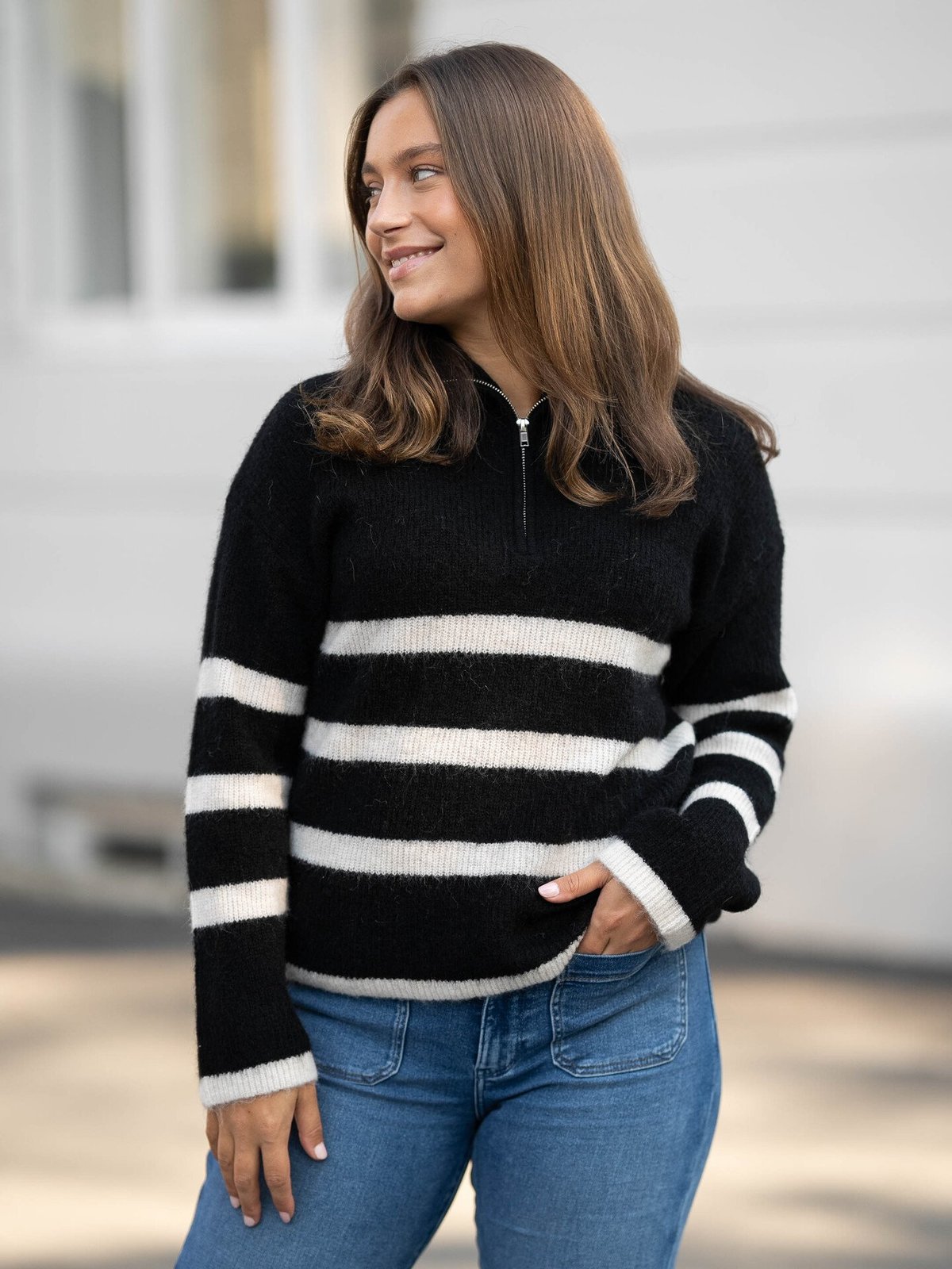 Selected Femme Maline Long Sleeve Knit Half Zip Black / Birch