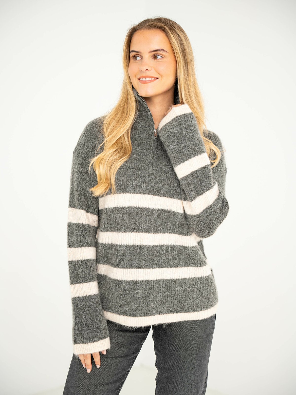Selected Femme Maline Long Sleeve Knit Half Zip Medium Grey Melange Birch