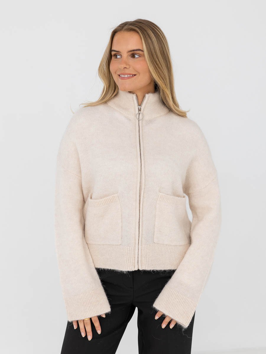 Selected Femme Sia Ras Long Sleeve Knit Zipper Cardigan Birch Melange