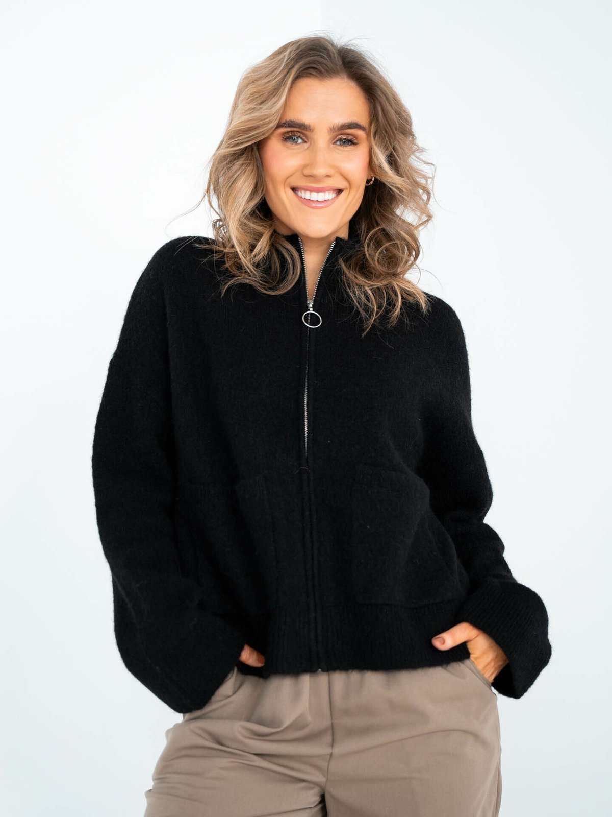 Selected Femme Sia Ras Long Sleeve Knit Zipper Cardigan Black