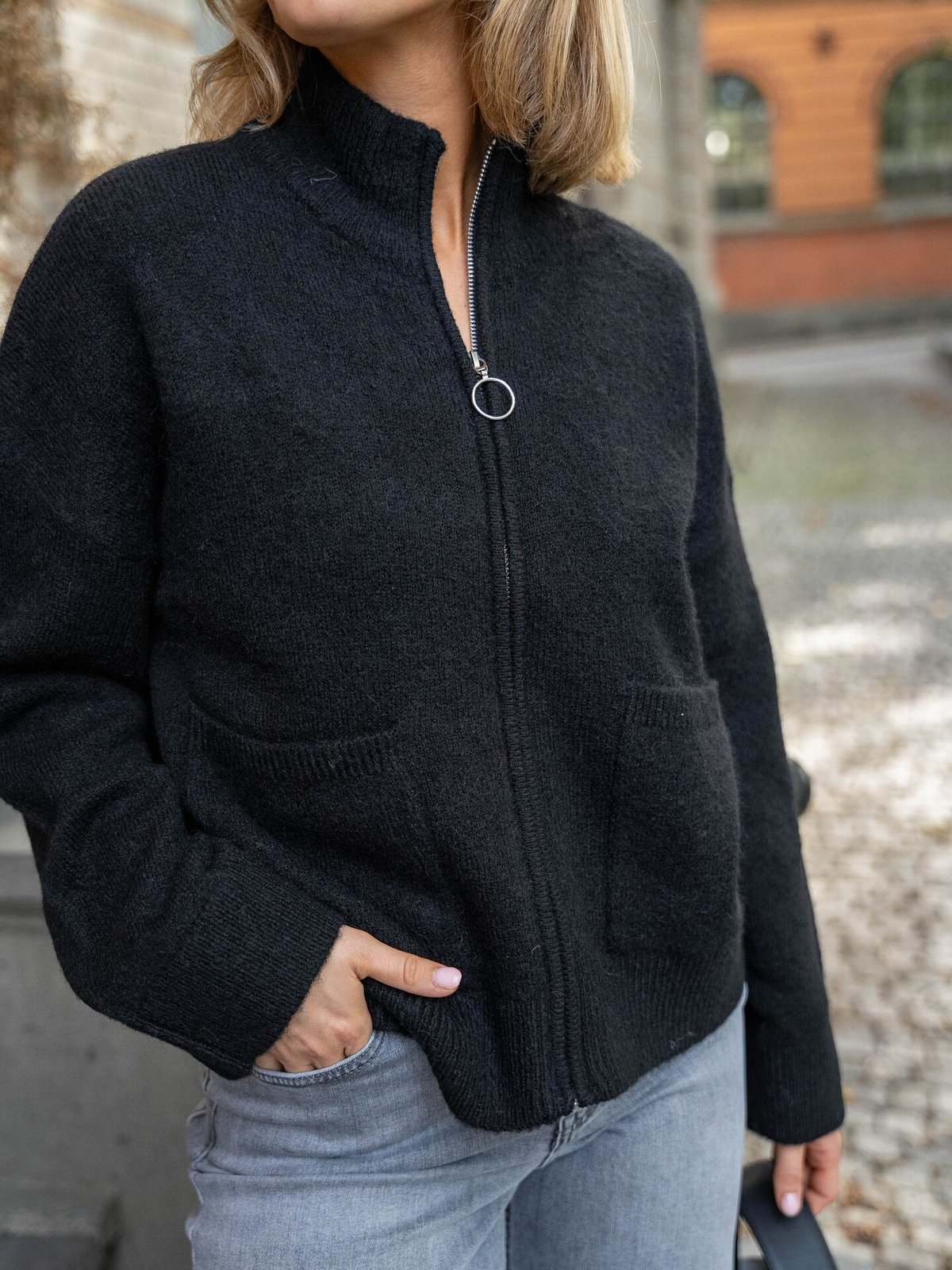 Selected Femme Sia Ras Long Sleeve Knit Zipper Cardigan Black