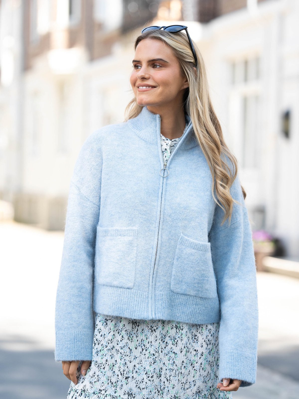 Selected Femme Sia Ras Long Sleeve Knit Zipper Cardigan Blue