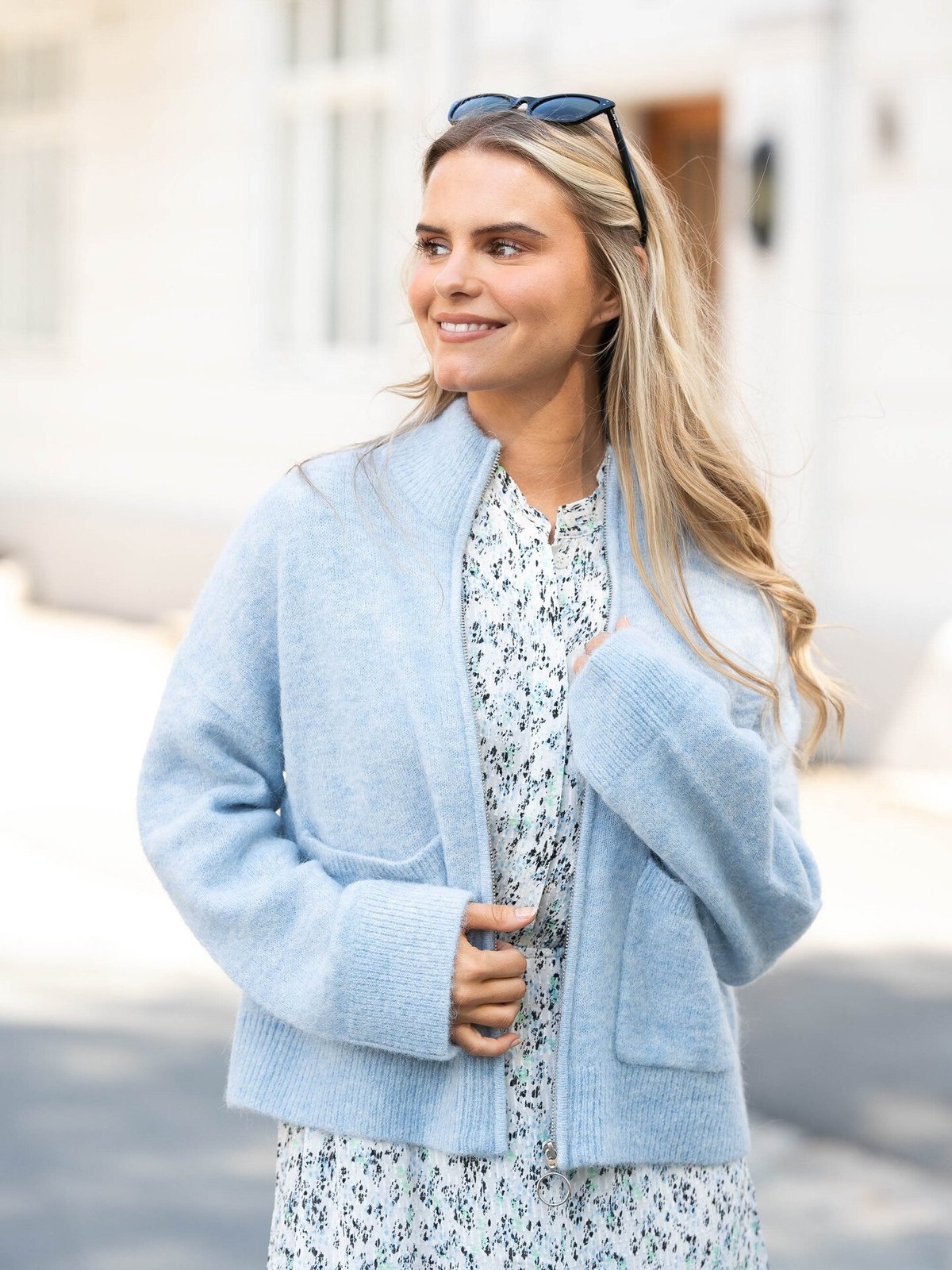 Selected Femme Sia Ras Long Sleeve Knit Zipper Cardigan Blue