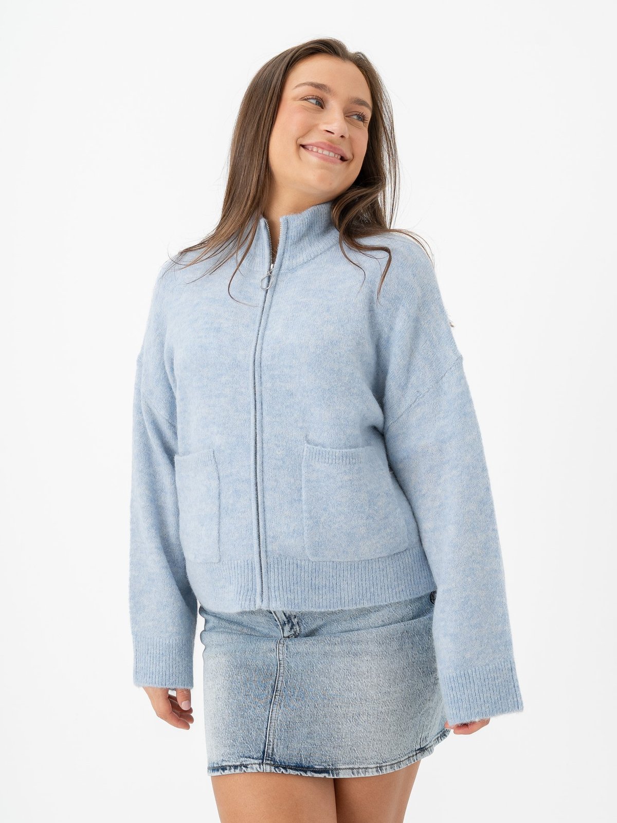 Selected Femme Sia Ras Long Sleeve Knit Zipper Cardigan Cashmere Blue Melange