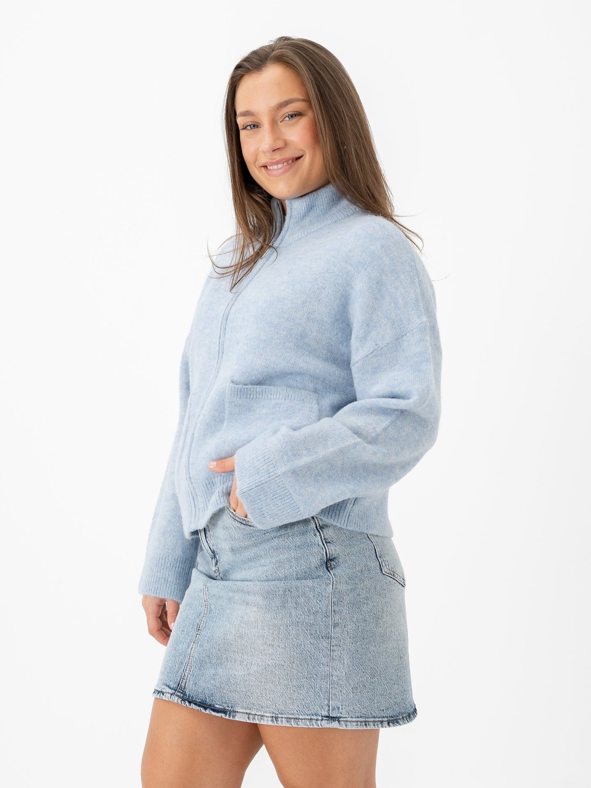 Selected Femme Sia Ras Long Sleeve Knit Zipper Cardigan Cashmere Blue Melange