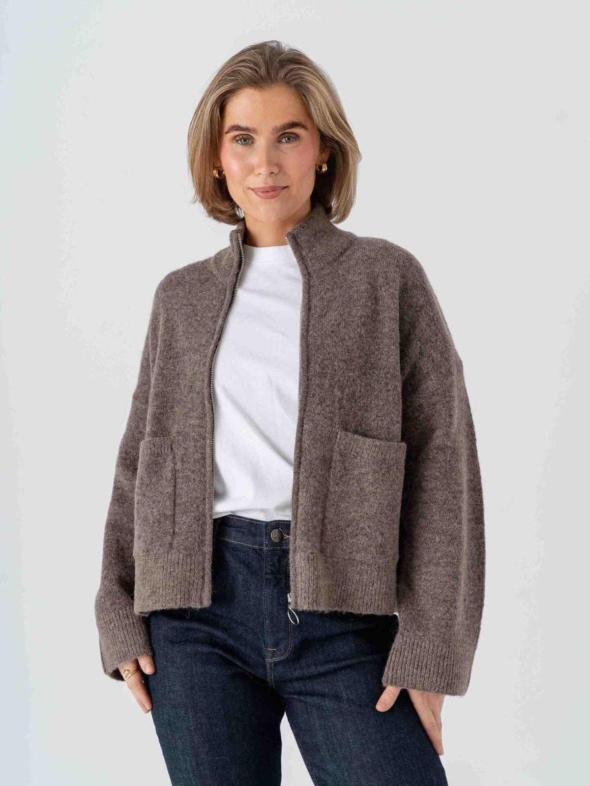 Selected Femme Sia Ras Long Sleeve Knit Zipper Cardigan Chocolate Chip