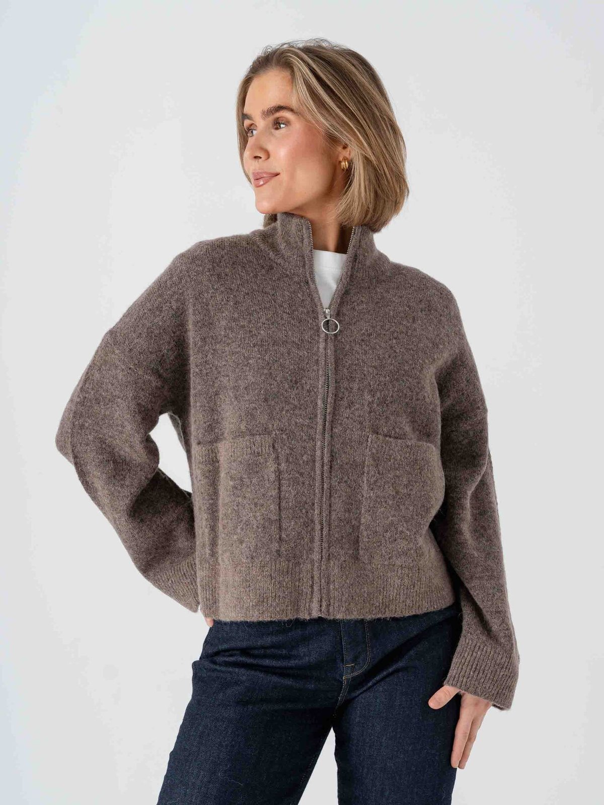 Selected Femme Sia Ras Long Sleeve Knit Zipper Cardigan Chocolate Chip