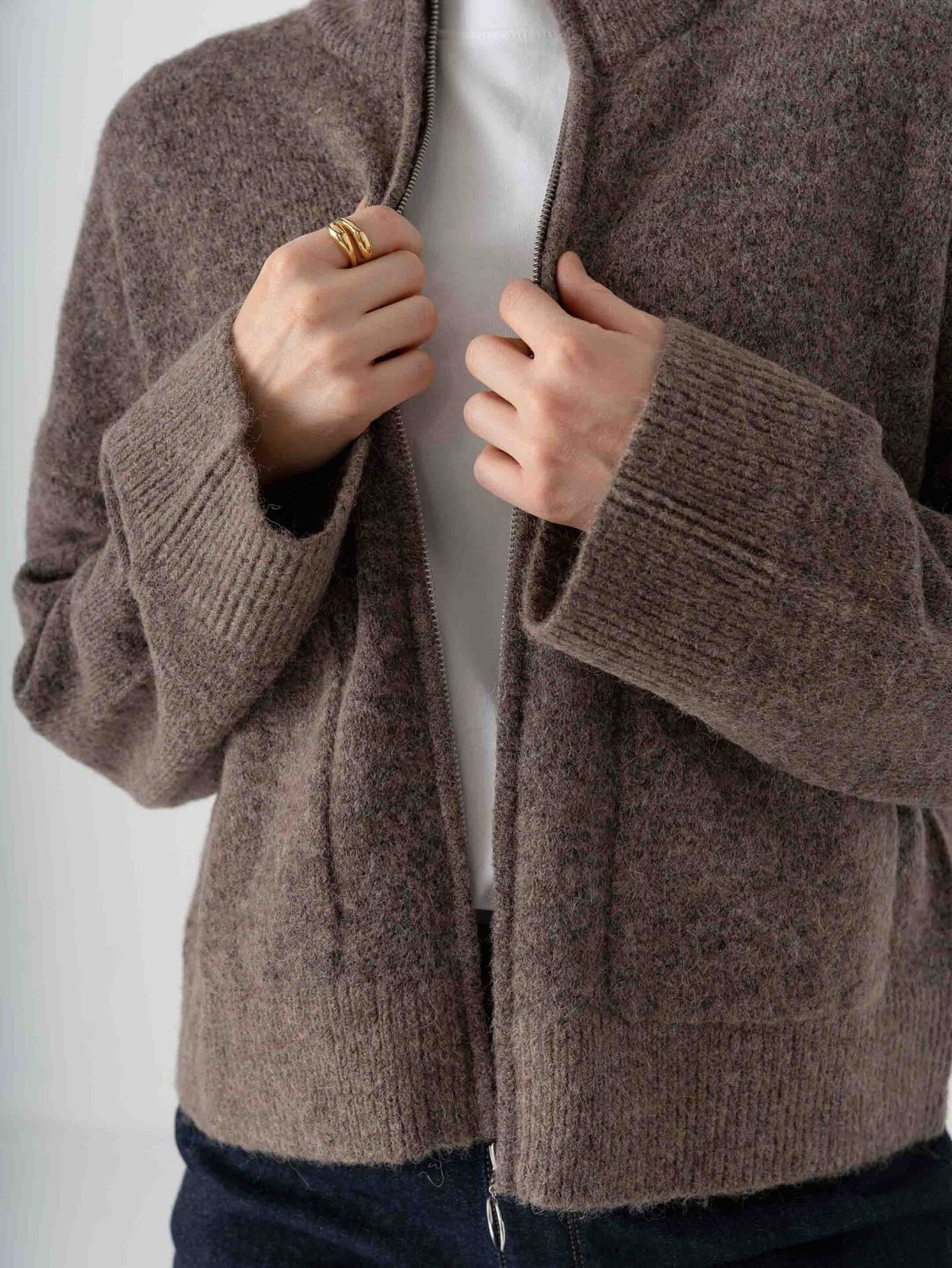 Selected Femme Sia Ras Long Sleeve Knit Zipper Cardigan Chocolate Chip