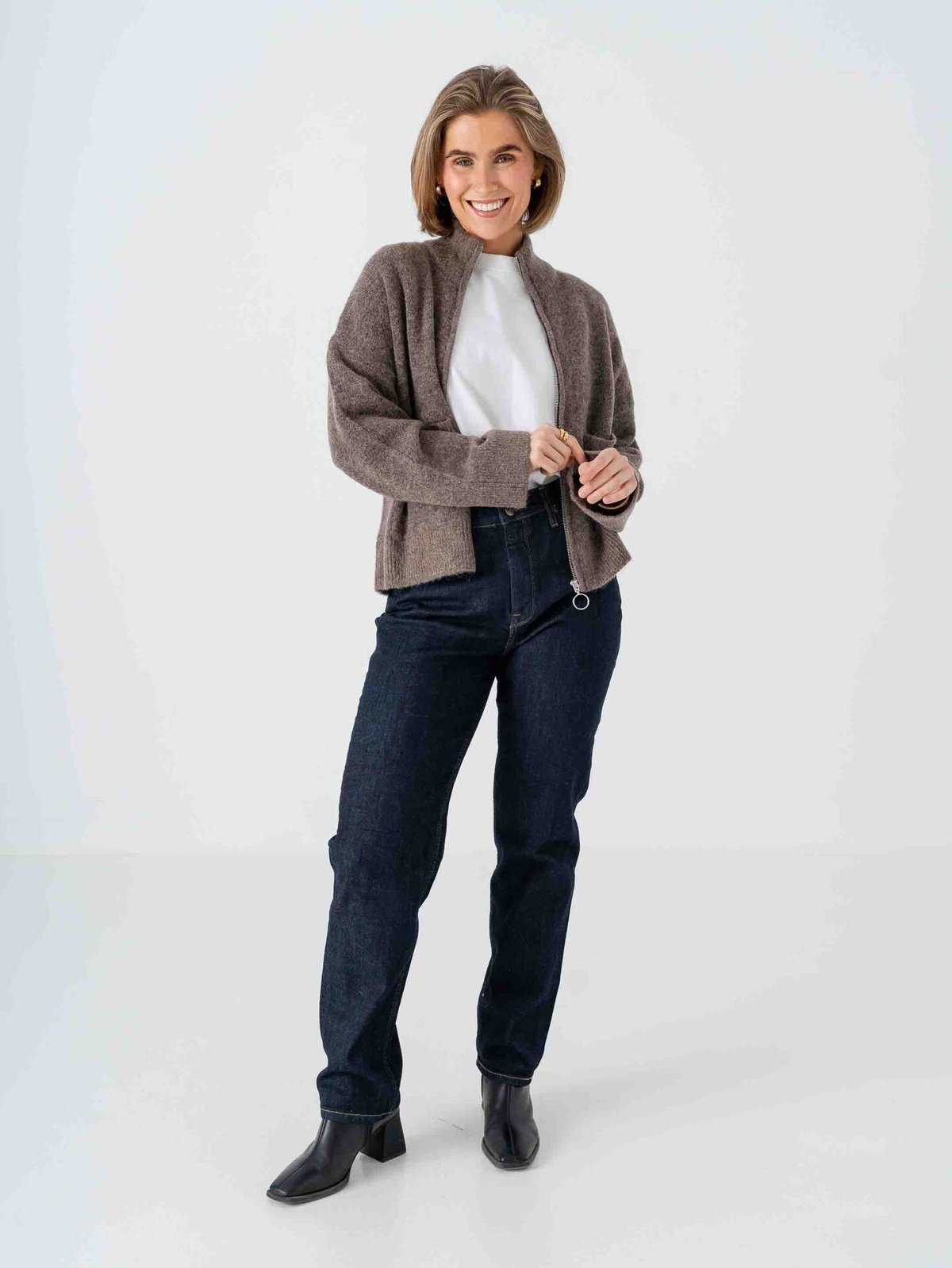 Selected Femme Sia Ras Long Sleeve Knit Zipper Cardigan Chocolate Chip