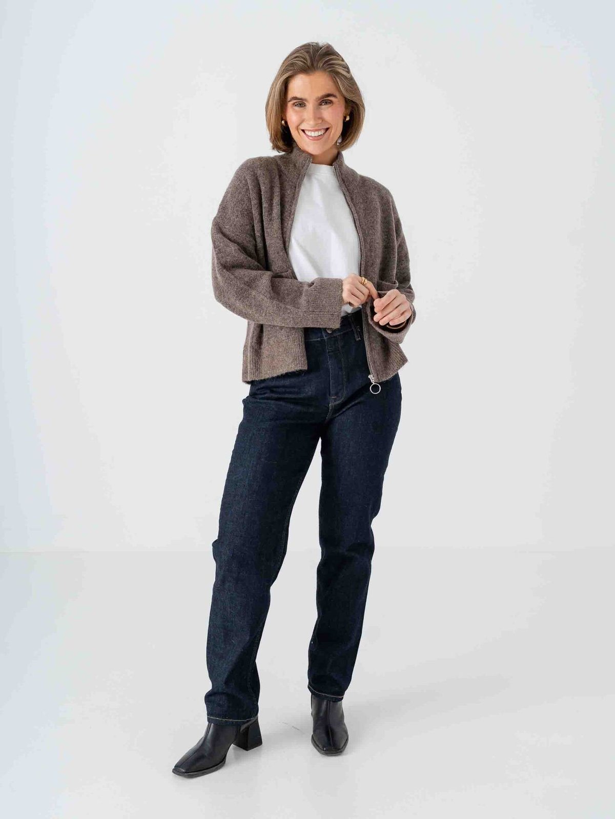 Selected Femme Sia Ras Long Sleeve Knit Zipper Cardigan Chocolate Chip