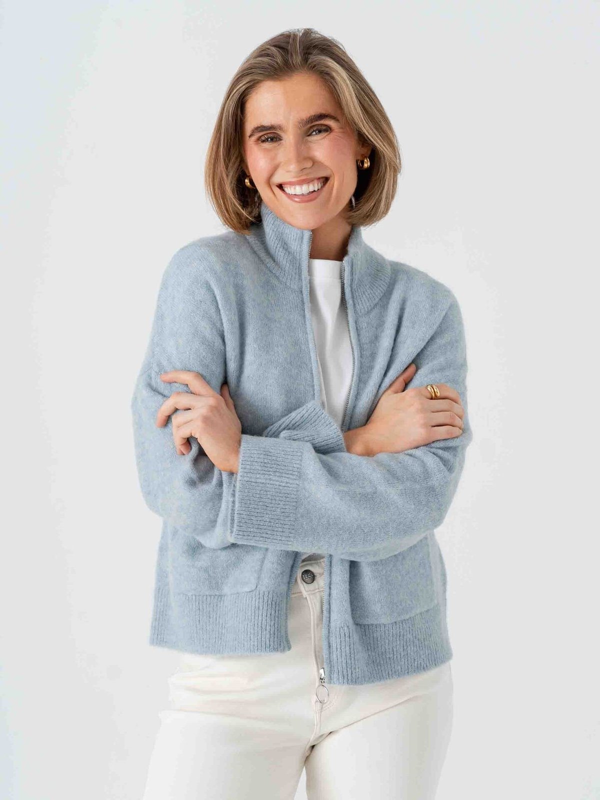 Selected Femme Sia Ras Long Sleeve Knit Zipper Cardigan Dusty Blue