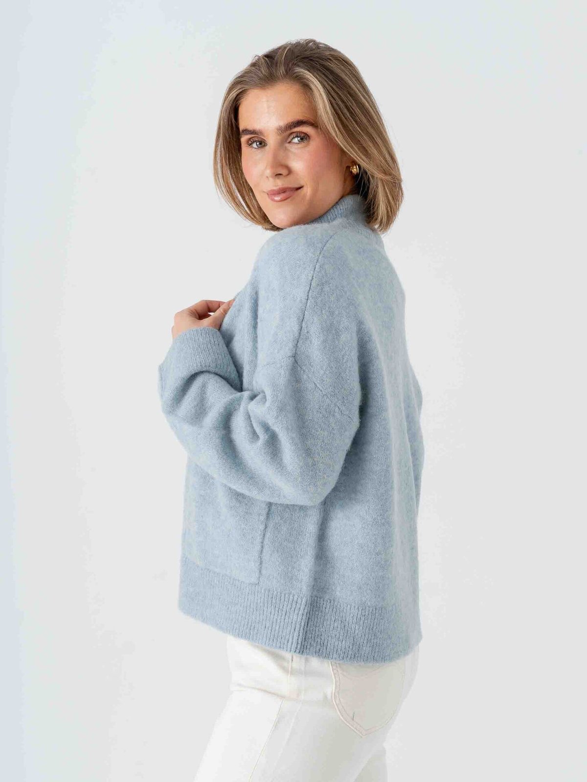 Selected Femme Sia Ras Long Sleeve Knit Zipper Cardigan Dusty Blue