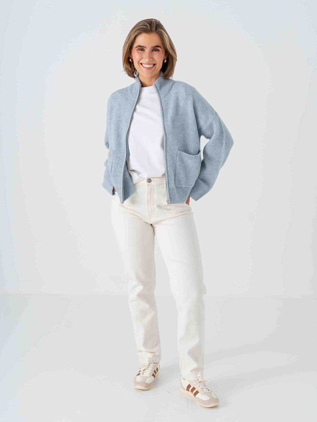 Selected Femme Sia Ras Long Sleeve Knit Zipper Cardigan Dusty Blue