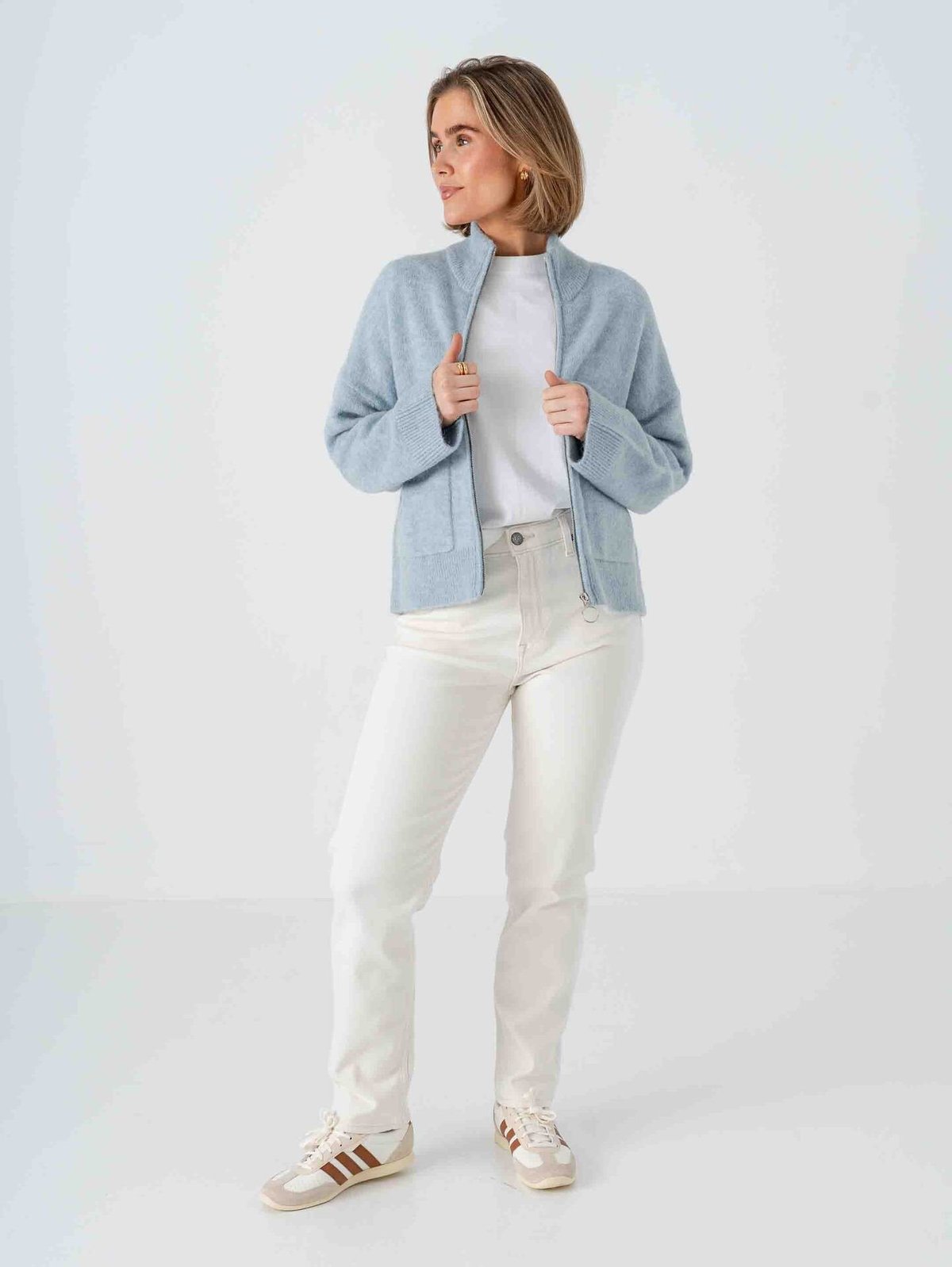 Selected Femme Sia Ras Long Sleeve Knit Zipper Cardigan Dusty Blue