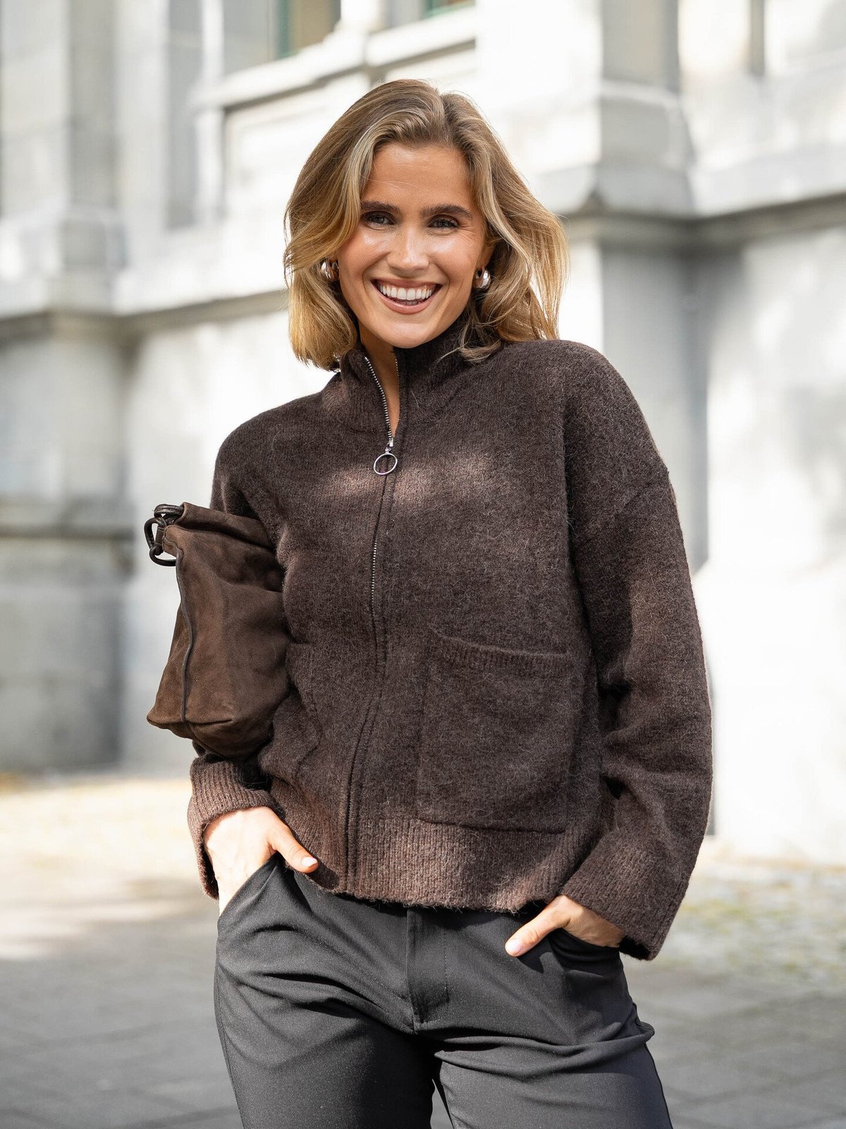 Selected Femme Sia Ras Long Sleeve Knit Zipper Cardigan Delicioso MELANGE