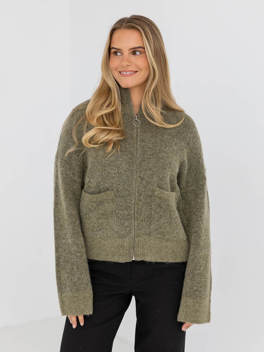 Selected Femme Sia Ras Long Sleeve Knit Zipper Cardigan Dusky Green Melange
