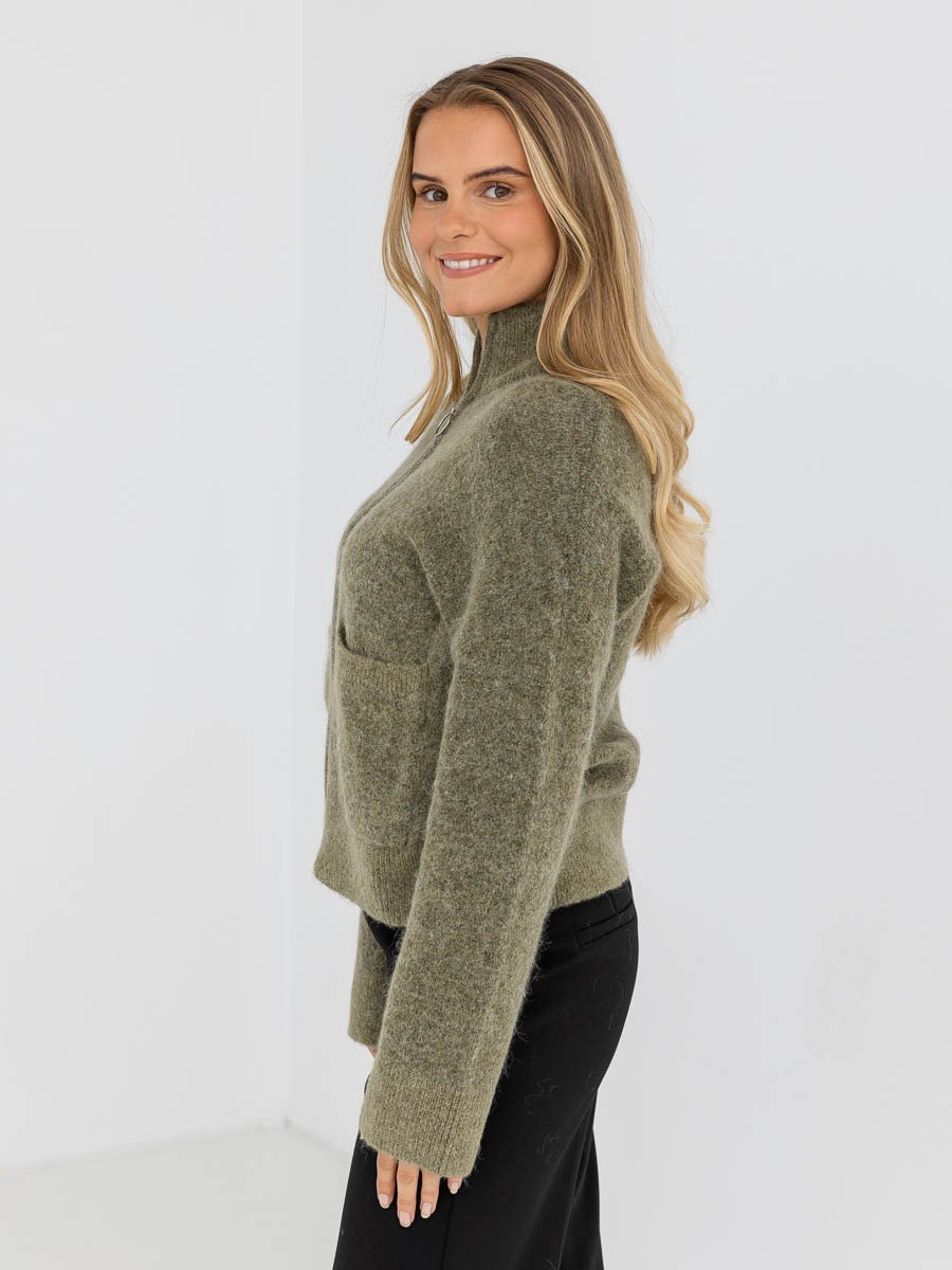 Selected Femme Sia Ras Long Sleeve Knit Zipper Cardigan Dusky Green Melange