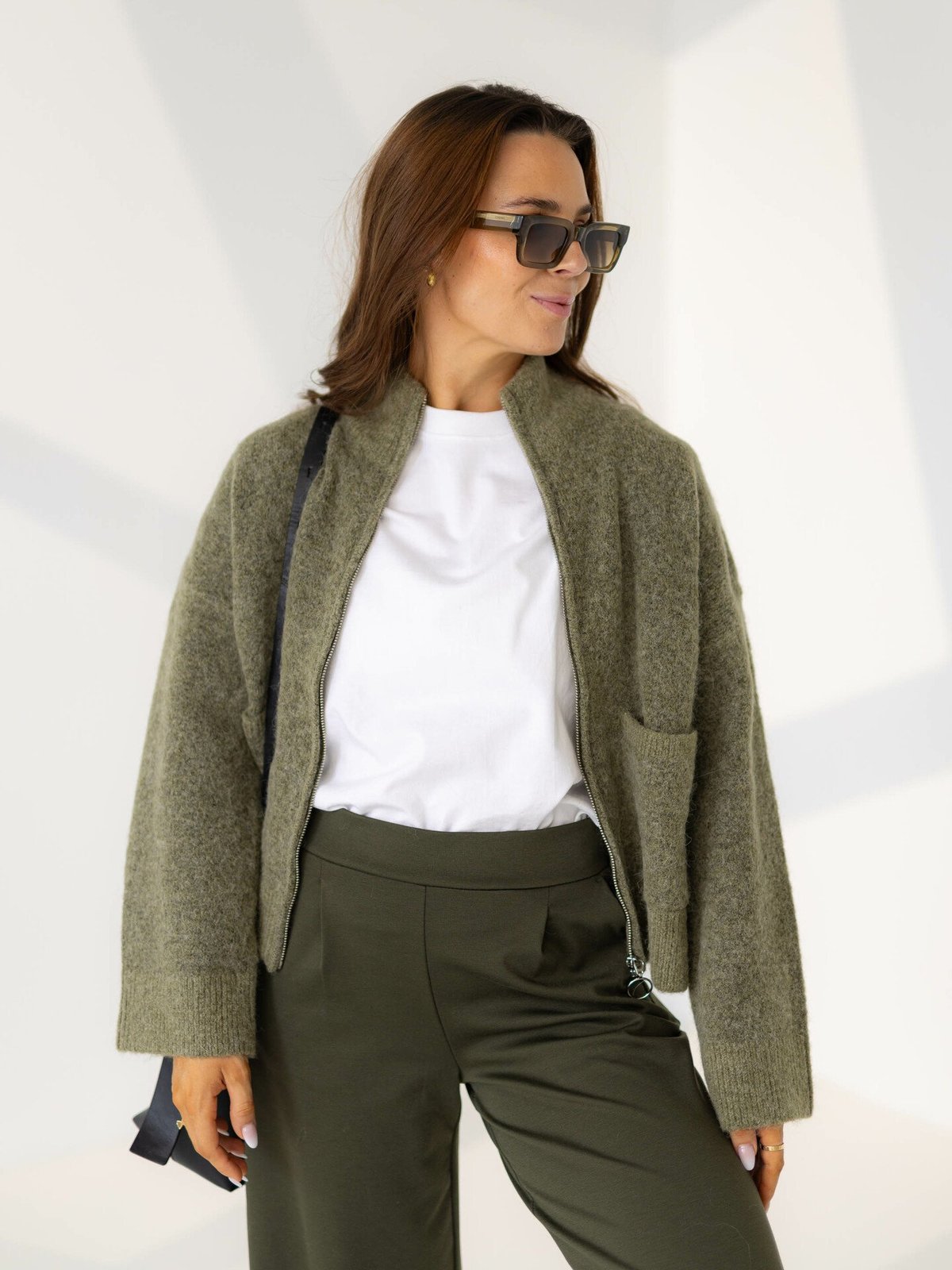 Selected Femme Sia Ras Long Sleeve Knit Zipper Cardigan Dusky Green Melange