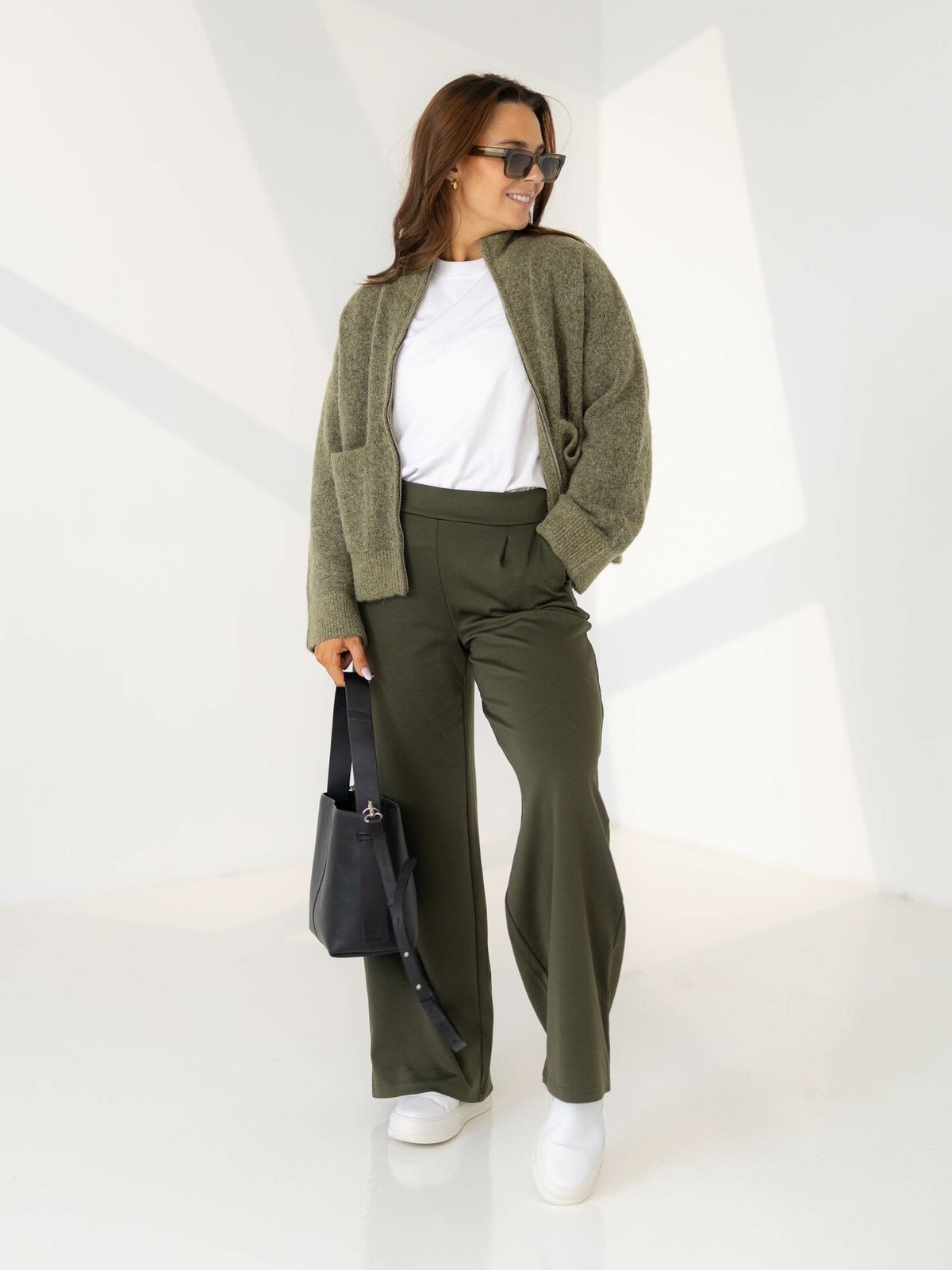 Selected Femme Sia Ras Long Sleeve Knit Zipper Cardigan Dusky Green Melange