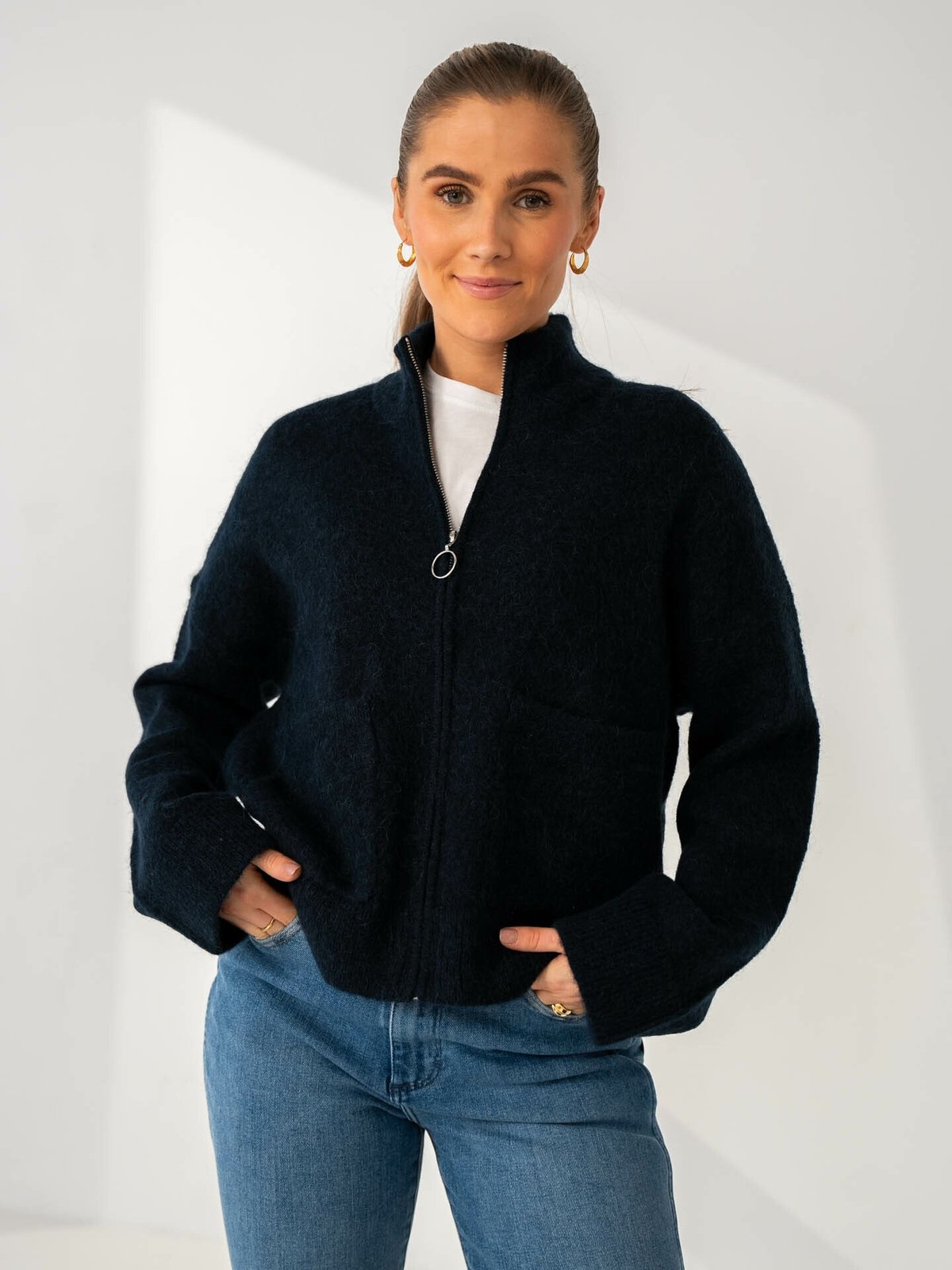 Selected Femme Sia Ras Long Sleeve Knit Zipper Cardigan Dark Sapphire Melange