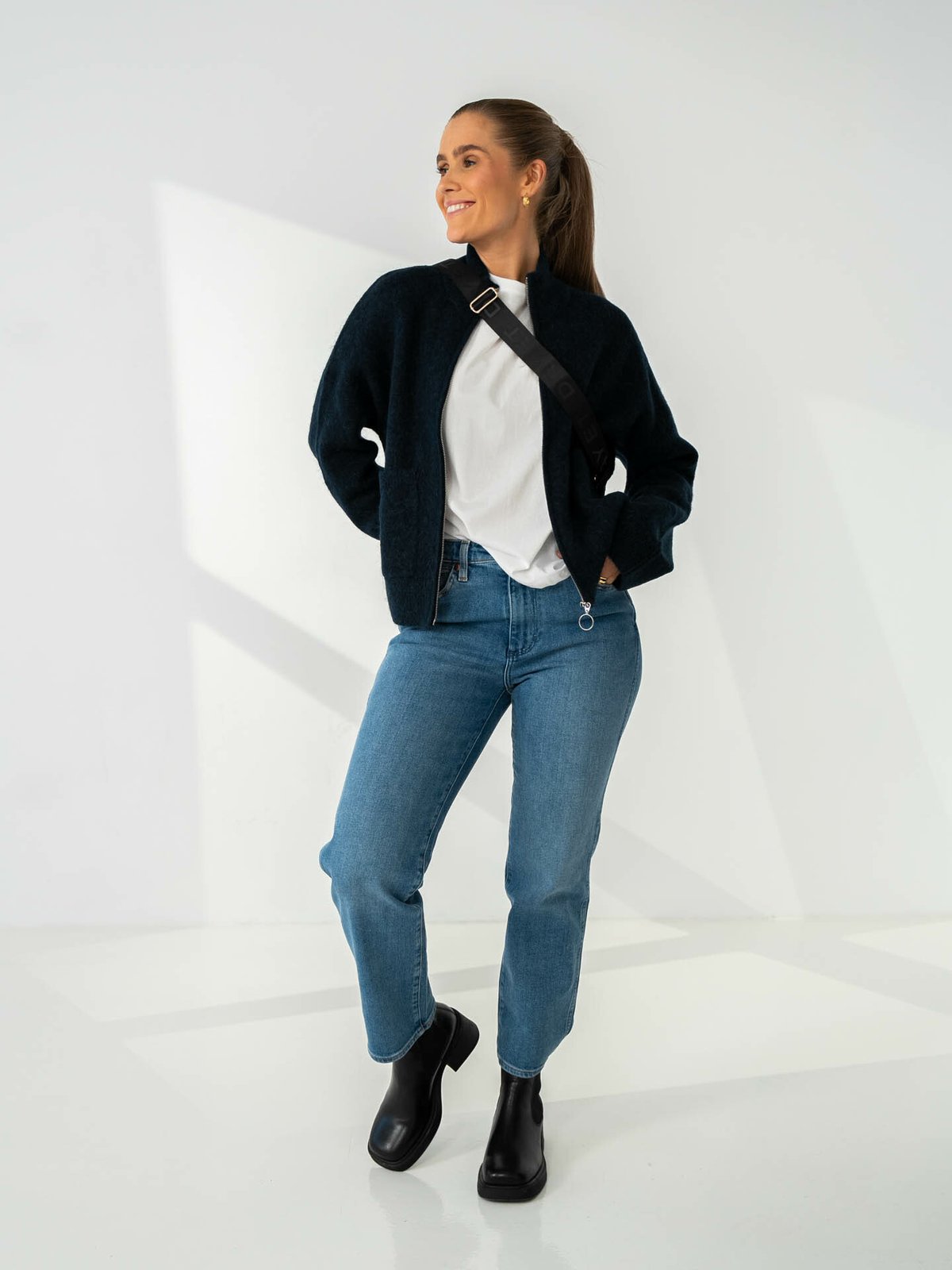 Selected Femme Sia Ras Long Sleeve Knit Zipper Cardigan Dark Sapphire Melange