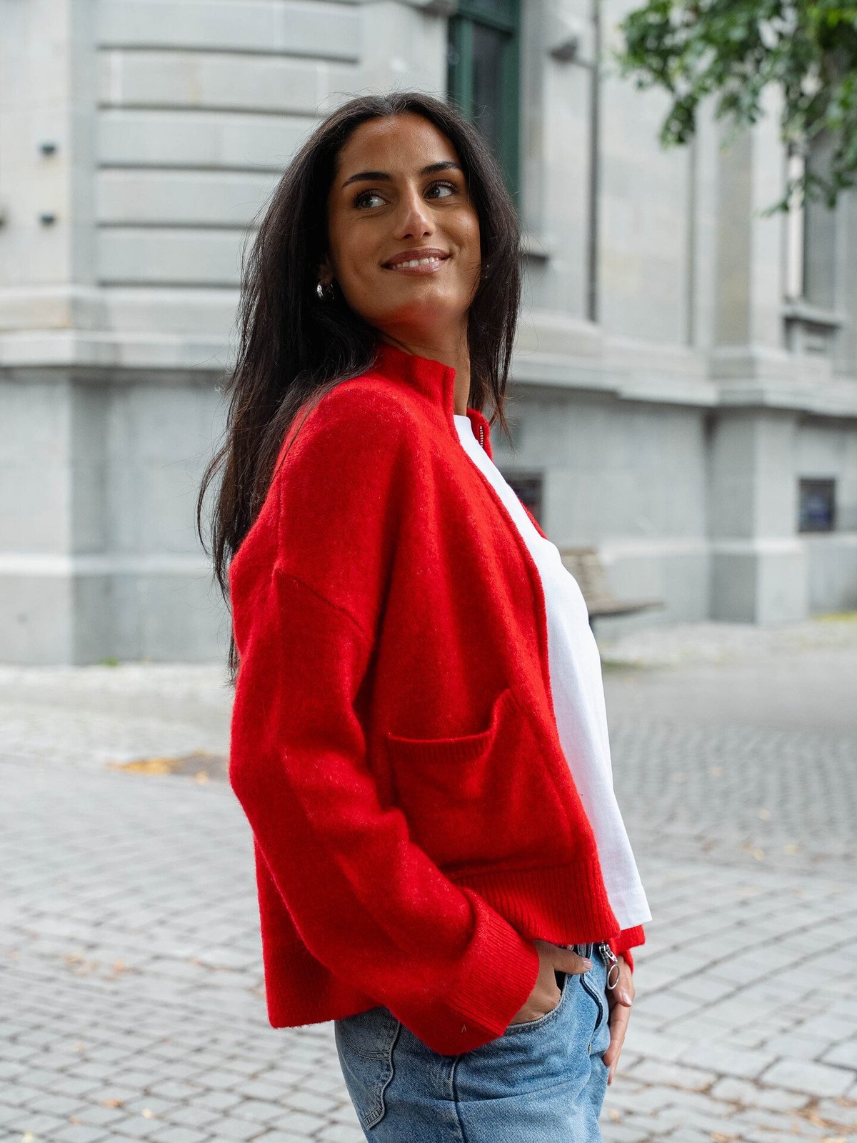 Selected Femme Sia Ras Long Sleeve Knit Zipper Cardigan Equestrian Red