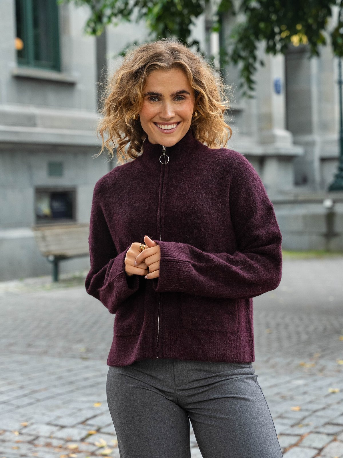 Selected Femme Sia Ras Long Sleeve Knit Zipper Cardigan Fig MELANGE