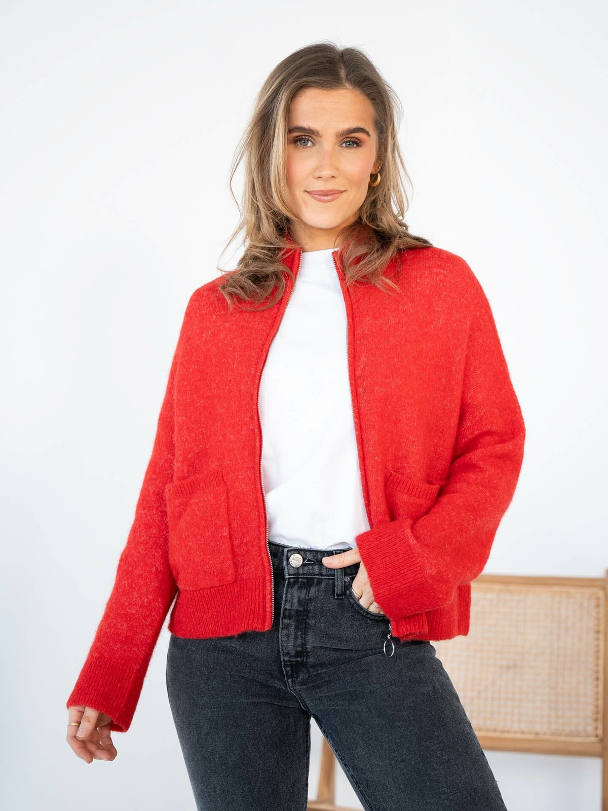 Selected Femme Sia Ras Long Sleeve Knit Zipper Cardigan Flame