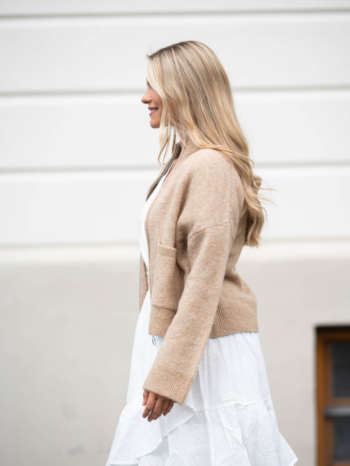 Selected Femme Sia Ras Long Sleeve Knit Zipper Cardigan Humus