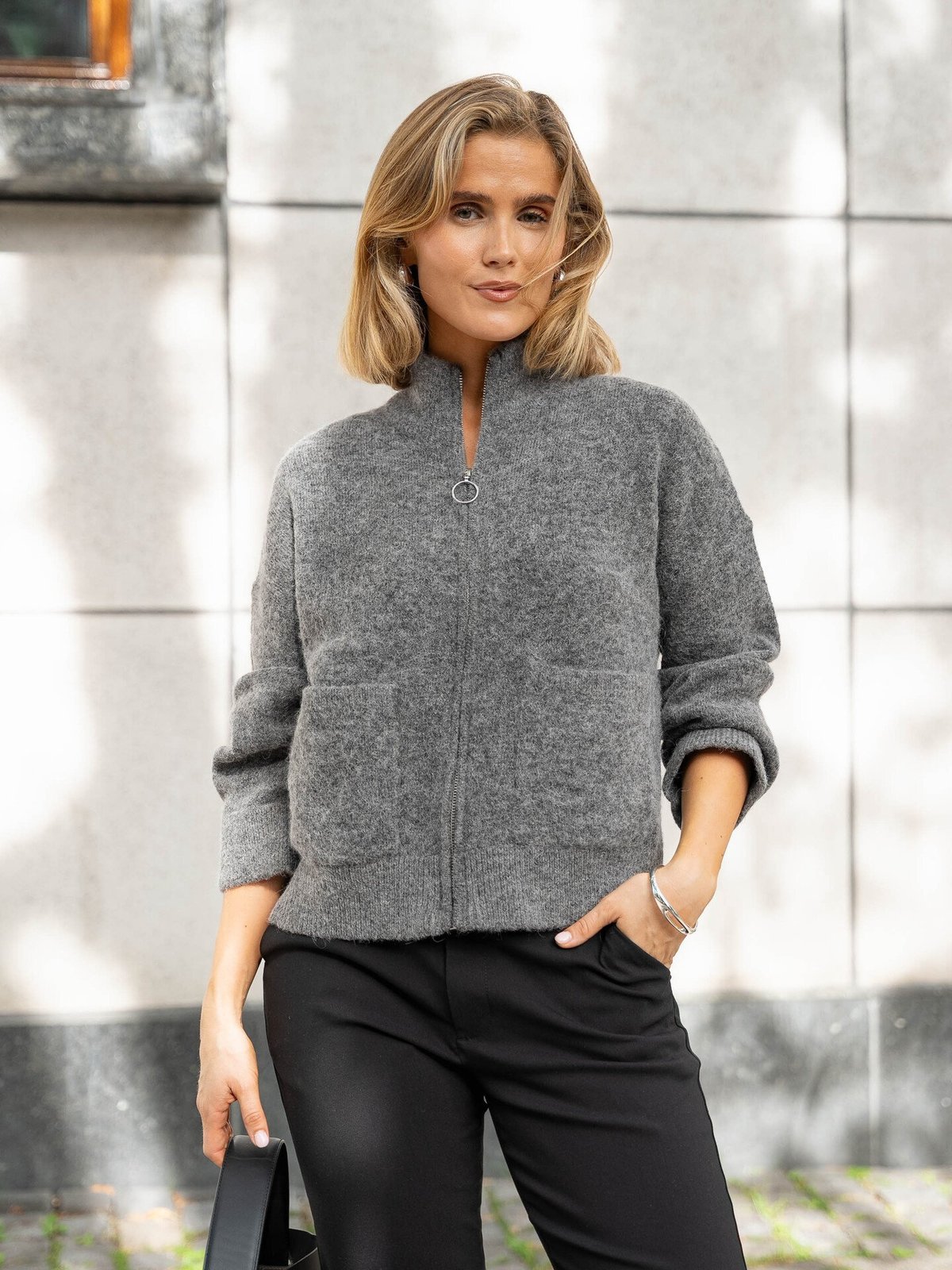 Selected Femme Sia Ras Long Sleeve Knit Zipper Cardigan Medium Grey Melange