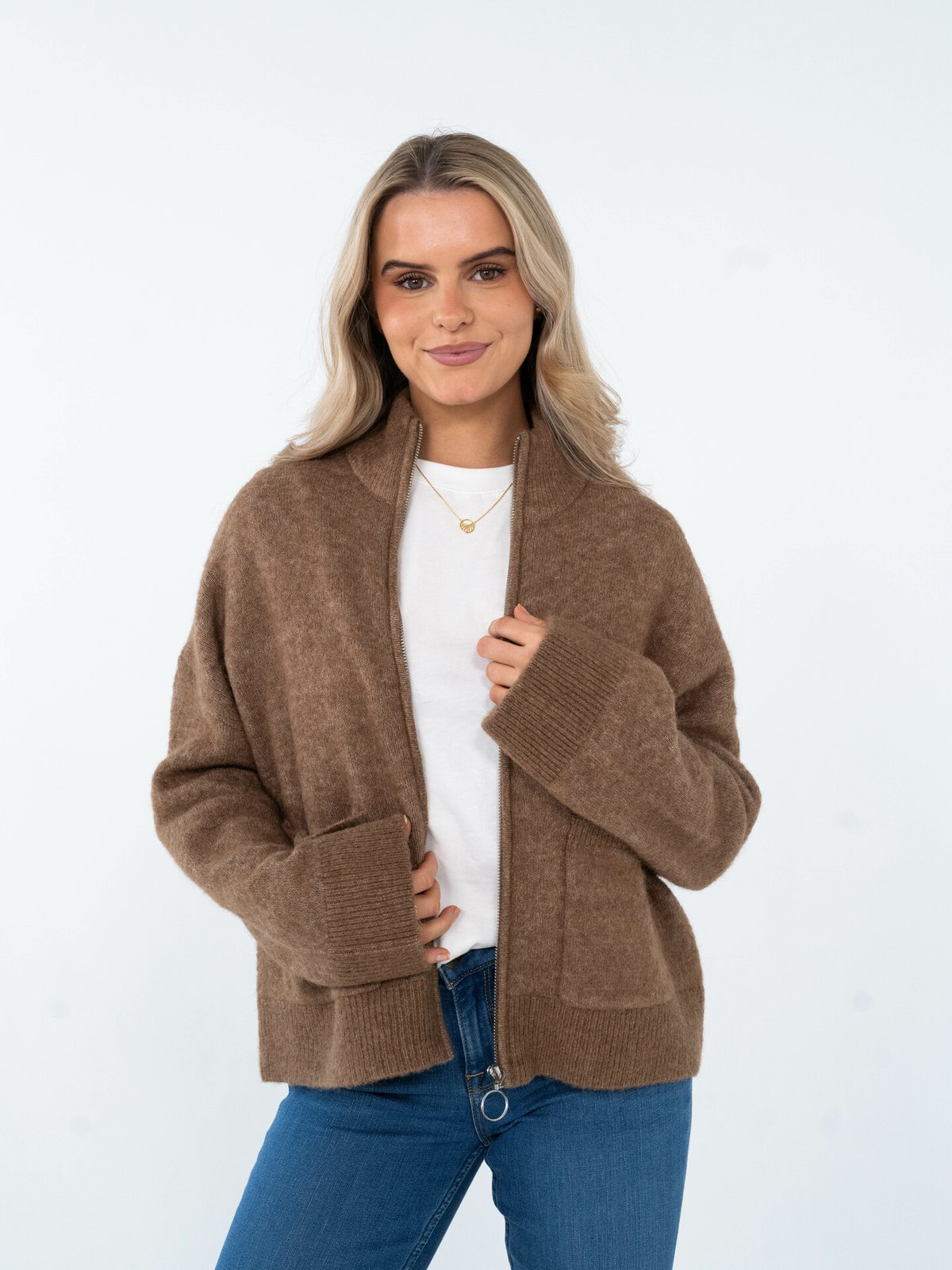 Selected Femme Sia Ras Long Sleeve Knit Zipper Cardigan Coca Mocha