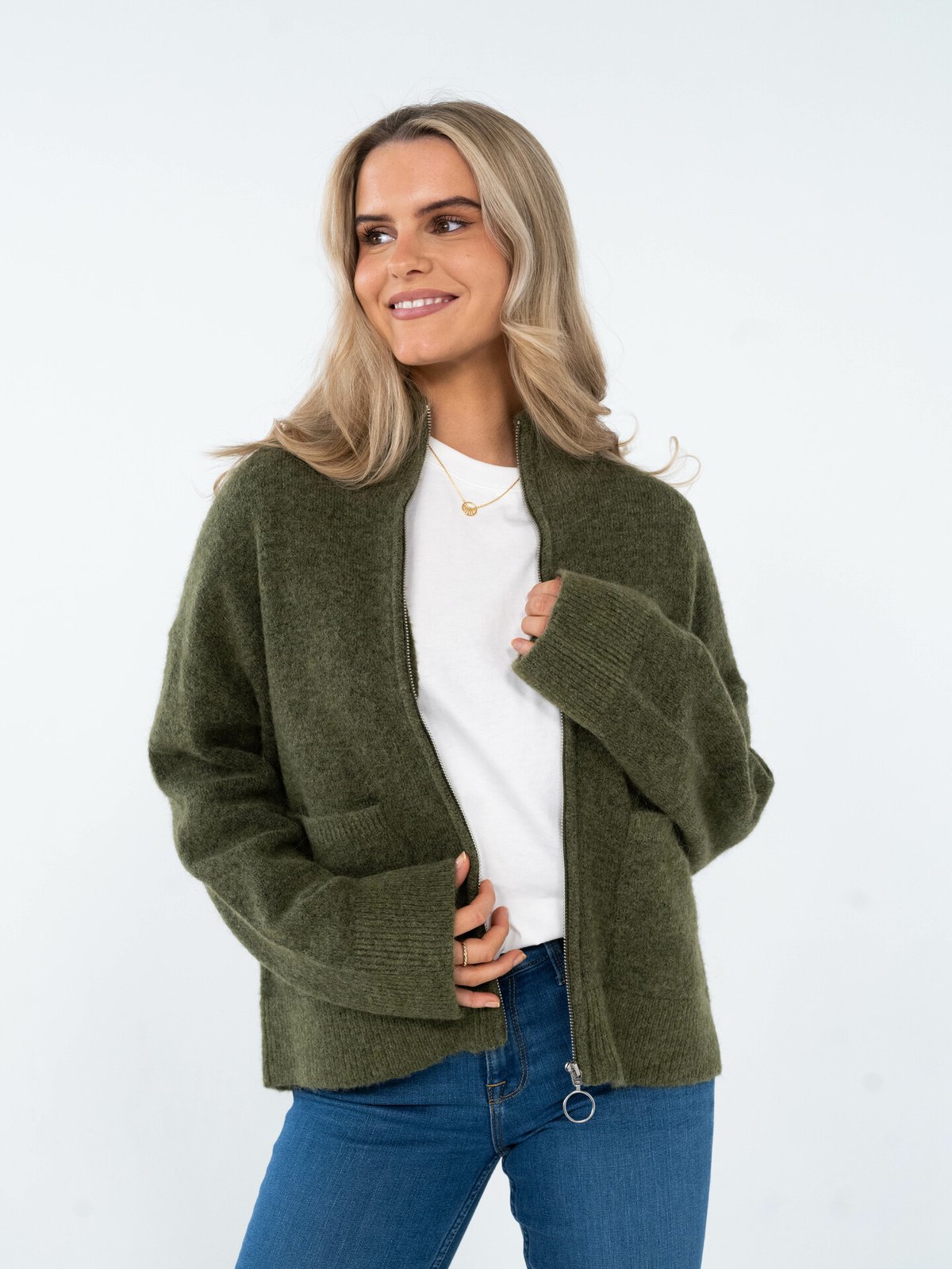 Selected Femme Sia Ras Long Sleeve Knit Zipper Cardigan Olivine