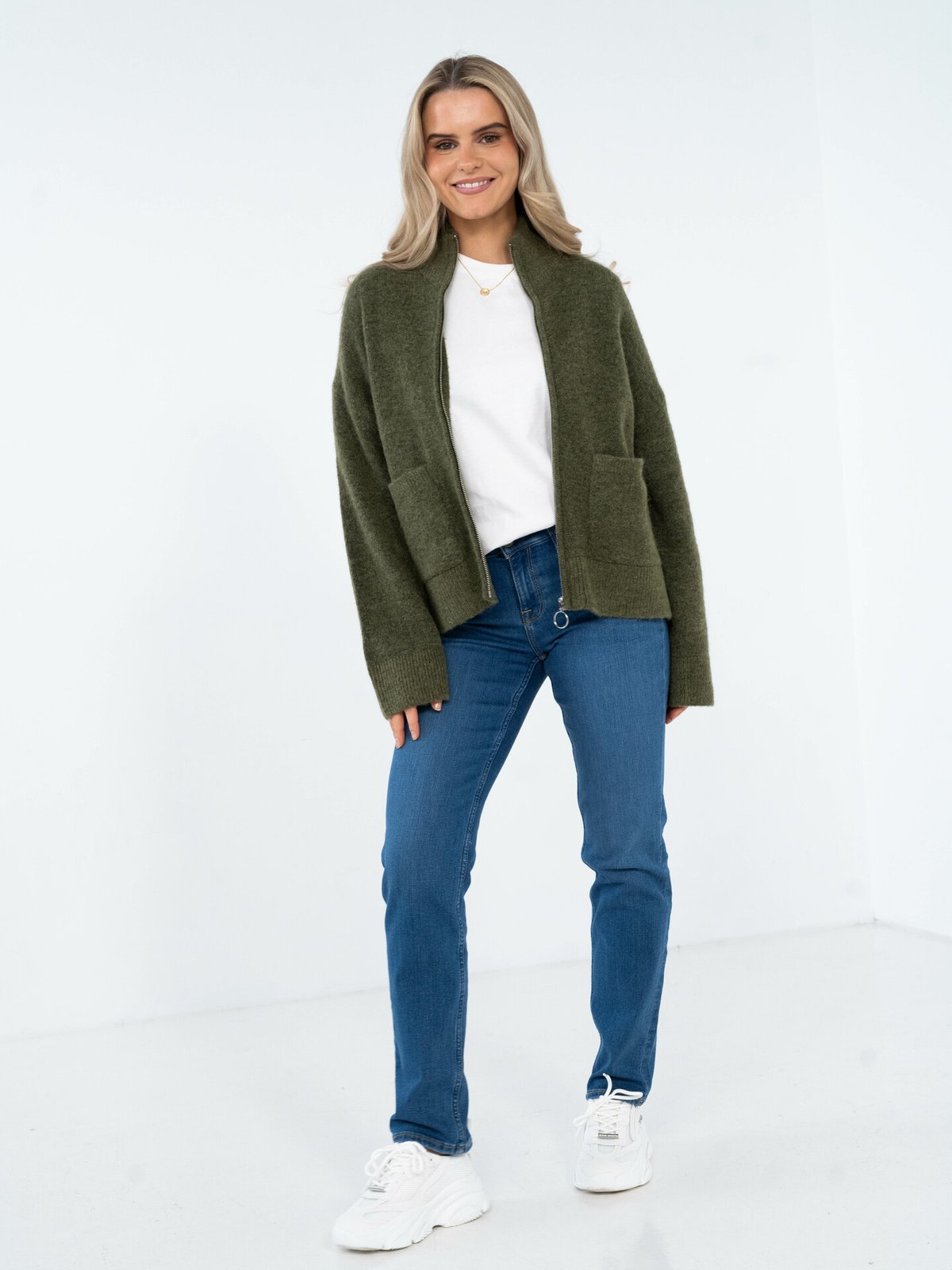 Selected Femme Sia Ras Long Sleeve Knit Zipper Cardigan Olivine
