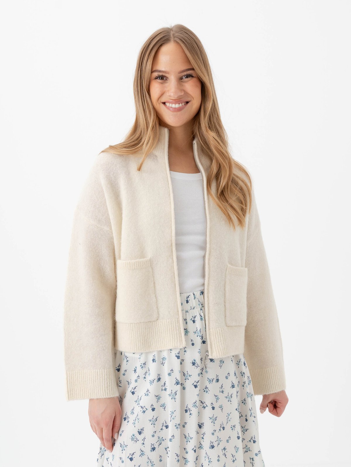 Selected Femme Sia Ras Long Sleeve Knit Zipper Cardigan Snow White Melange