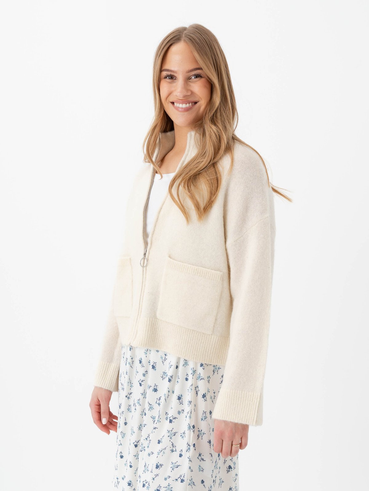 Selected Femme Sia Ras Long Sleeve Knit Zipper Cardigan Snow White Melange