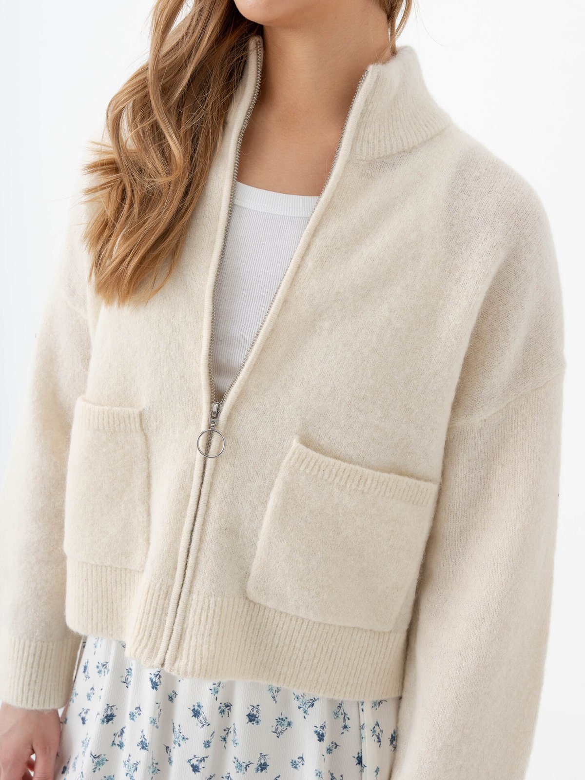 Selected Femme Sia Ras Long Sleeve Knit Zipper Cardigan Snow White Melange